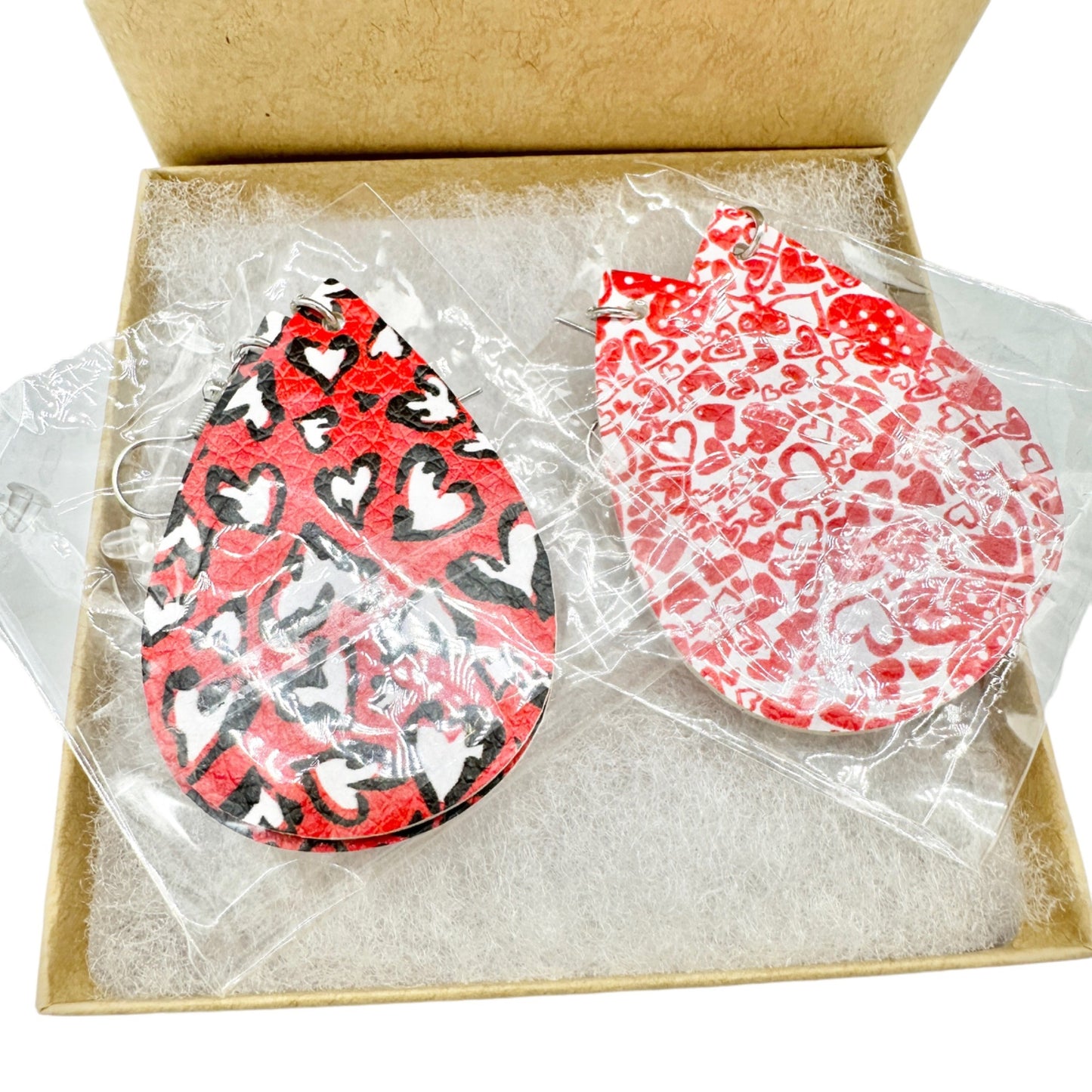 Two Pairs Valentines Earrings Hearts Teardrop Red White Black Faux Leather NEW