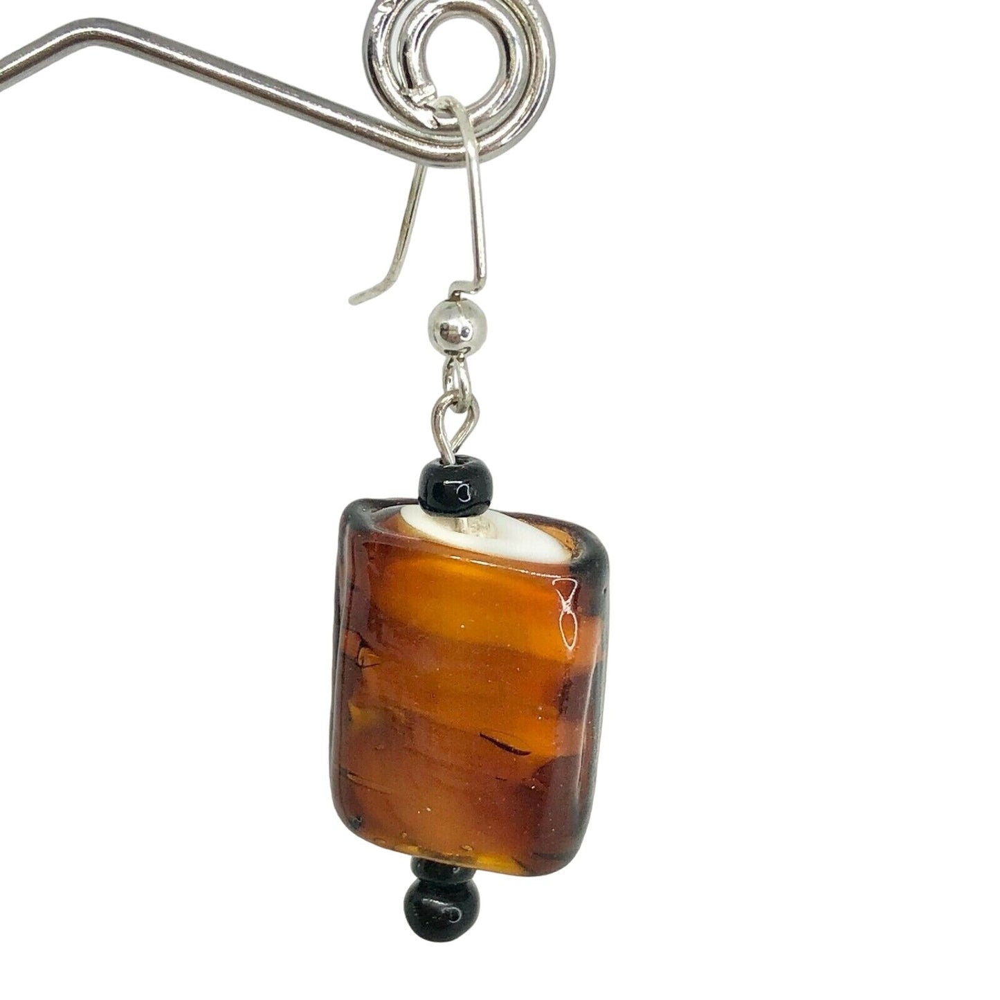 Handcrafted Beaded Earrings Brown & Black Glass Beads Silver Hooks Jewelry NEW
