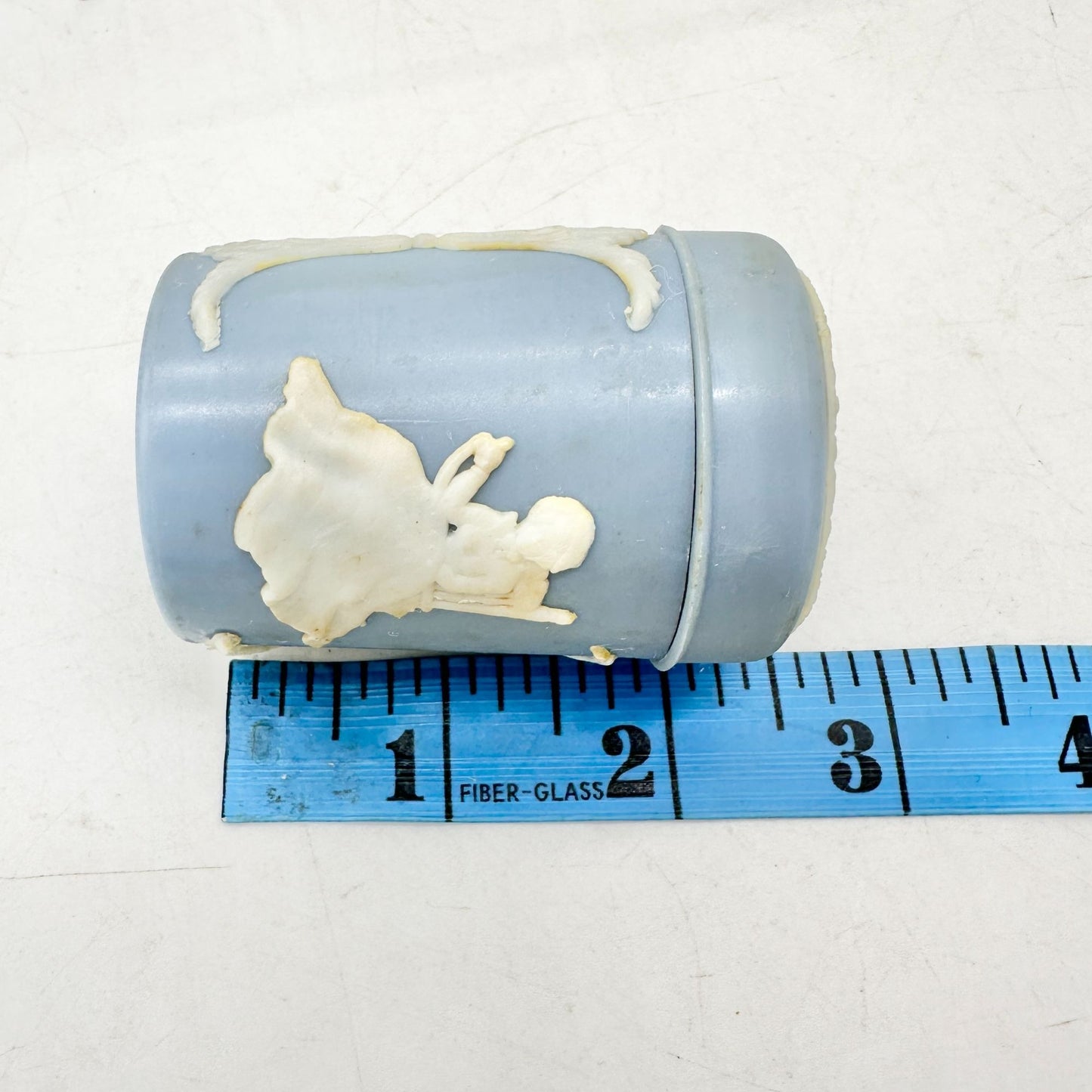 Vtg Blue Jasperware Salt and Pepper Shakers With White Relief Design Americana