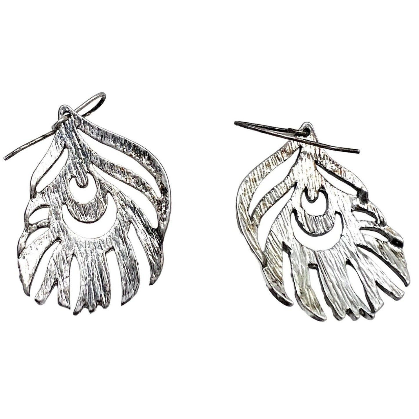 Earrings Pierced Drop Silver Tone Peacock Feathers Look