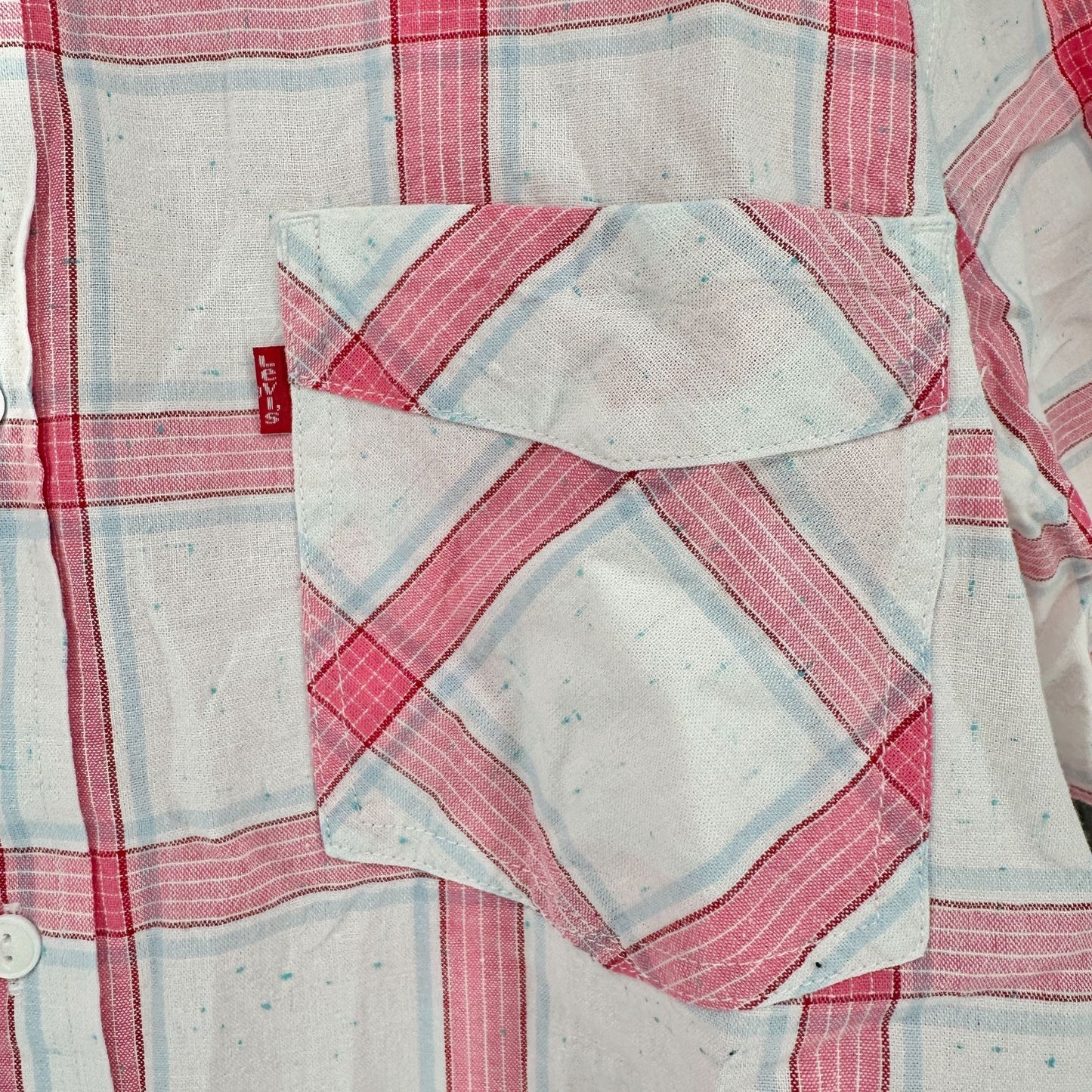 Levis Short Sleeve Shirt Mens L Red and White Plaid Cotton Casual Button Up