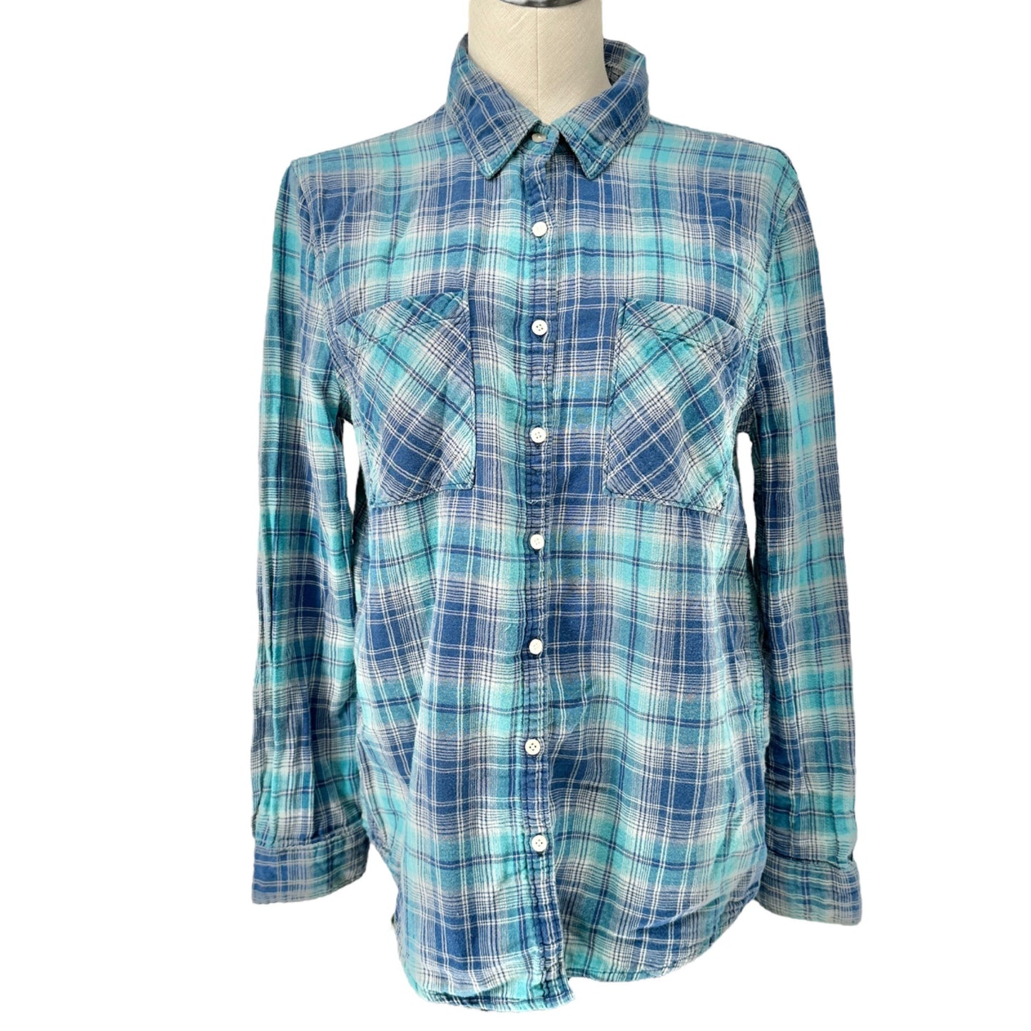 Aeropostale Shirt Womens Medium Blue Plaid Button Front Chest Pockets LS