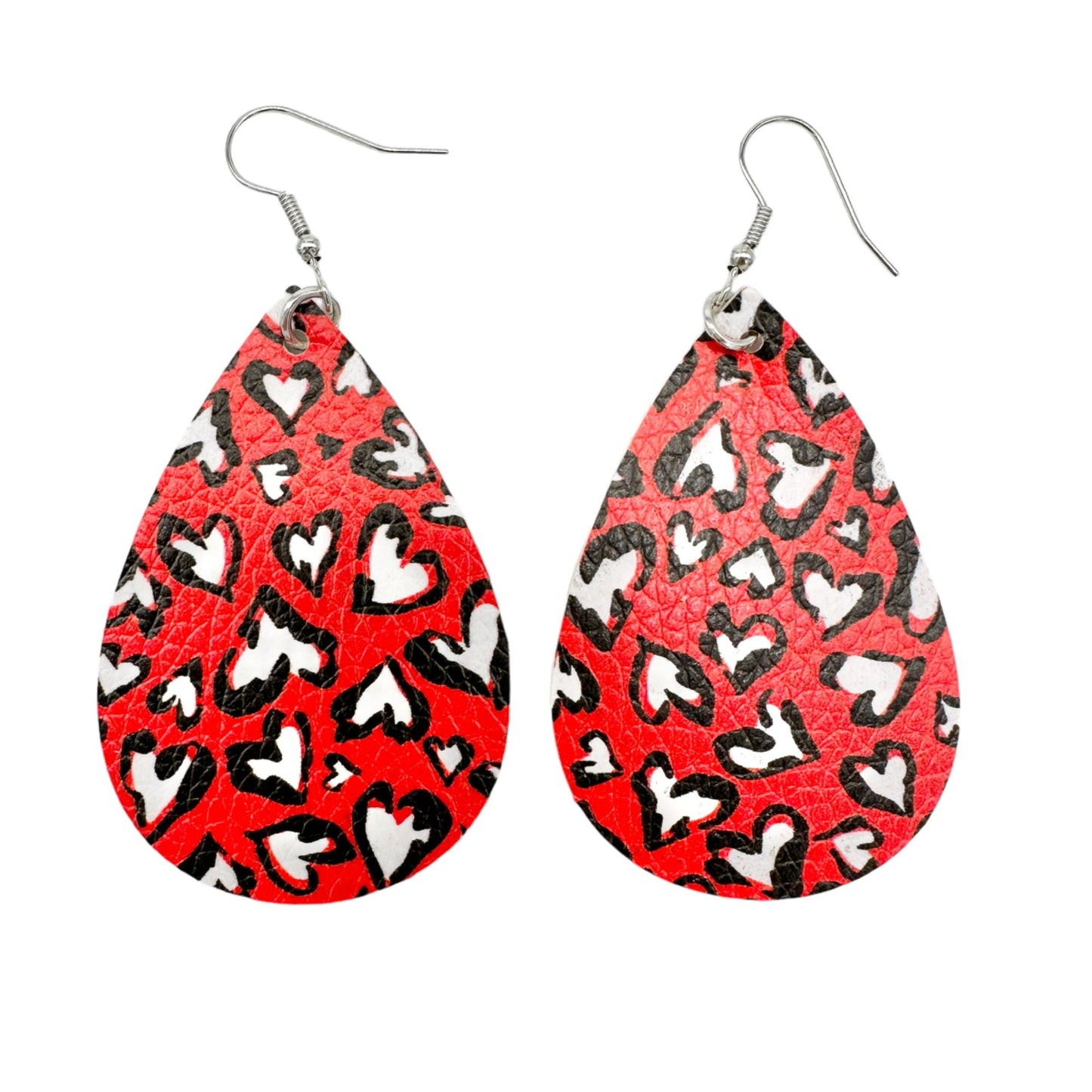 Two Pairs Valentines Earrings Hearts Teardrop Red White Black Faux Leather NEW