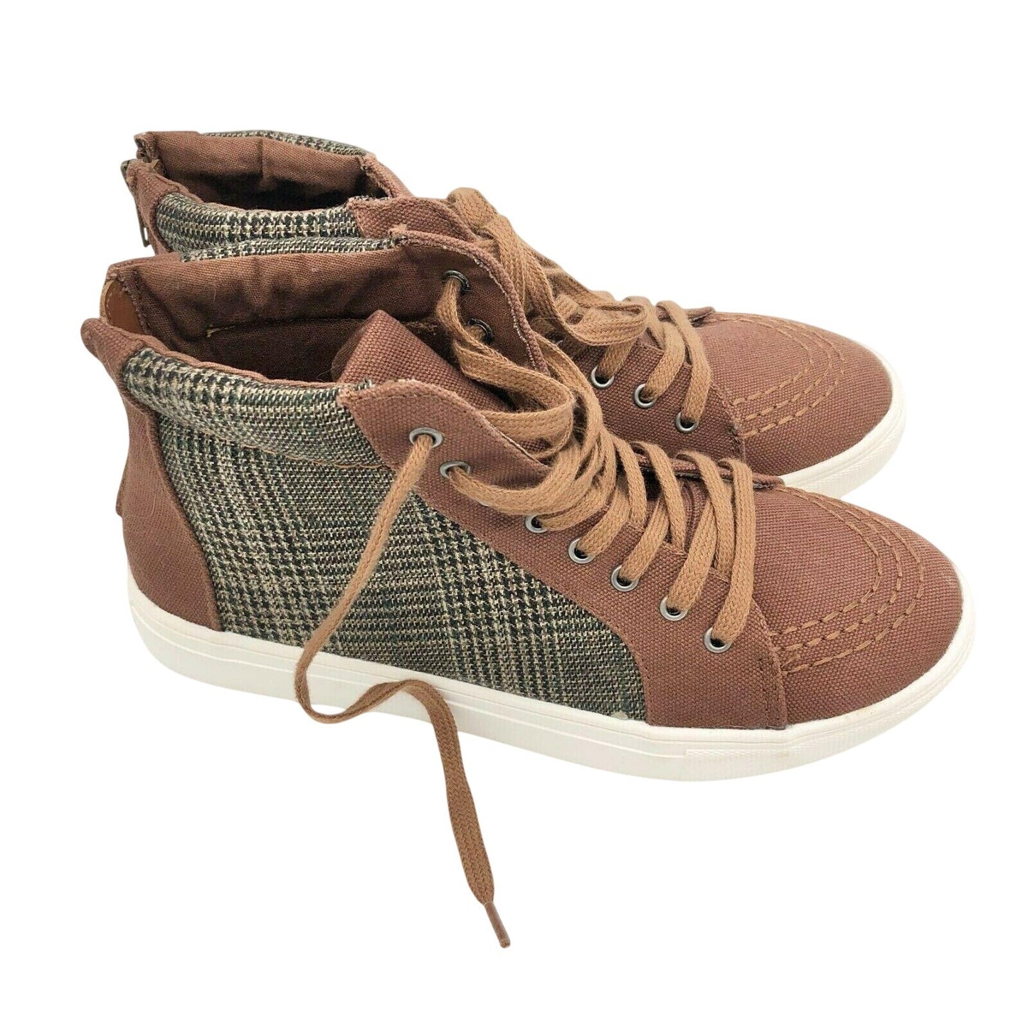 American Eagle Brown Plaid Hi Top Sneakers Womens 10 Zip Back Tie Front