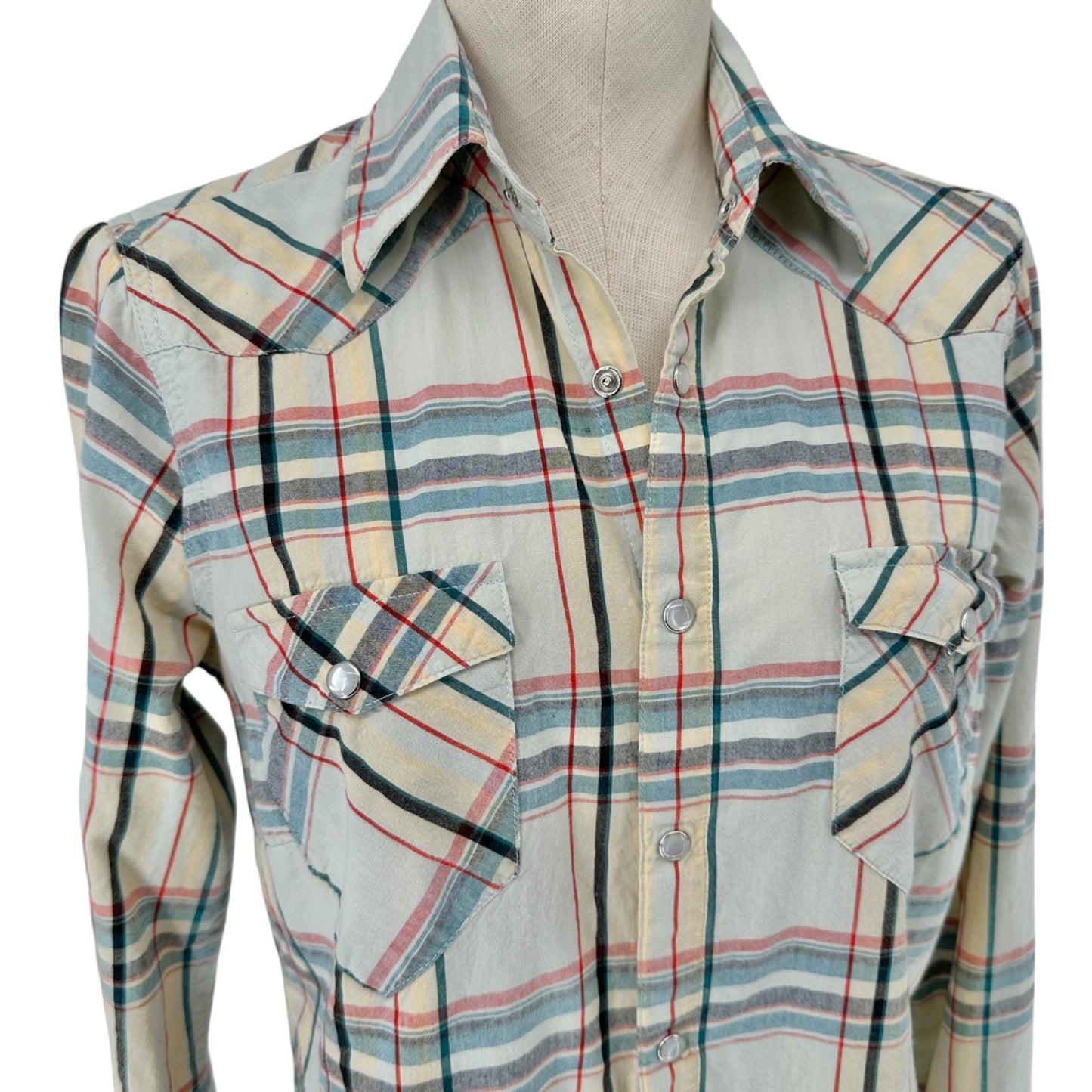 Wrangler Western Shirt Womens Large Plaid Long Sleeve Pearl Snap Shirt Beige