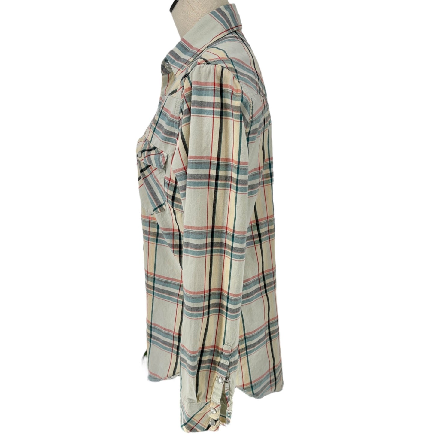 Wrangler Western Shirt Womens Large Plaid Long Sleeve Pearl Snap Shirt Beige
