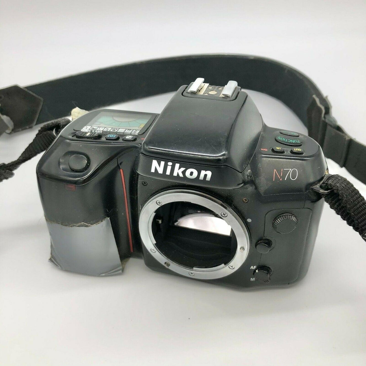 Nikon N70 35mm Film Camera Without Lens Works Duct Tape Holding Film Cover Close