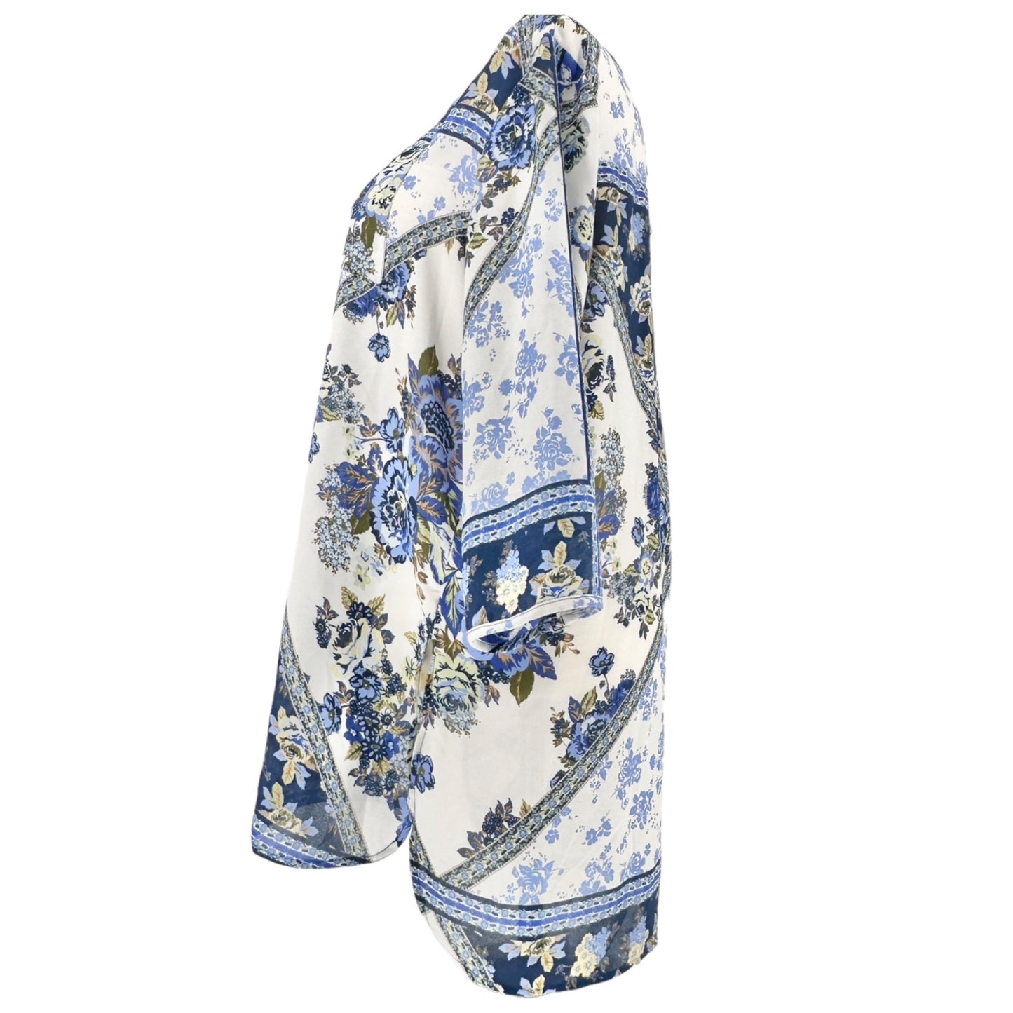 Hope Springs Tunic Top Womens 2XL Blue White Floral 3/4 Sleeve Side Slits EUC
