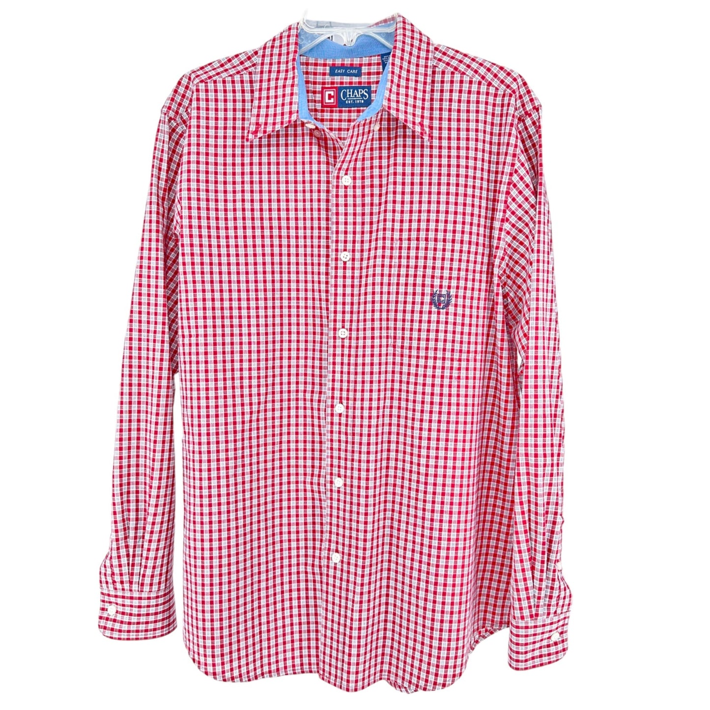 Chaps Easy Care Dress Shirt Mens L Red Plaid Button Down Collar LS