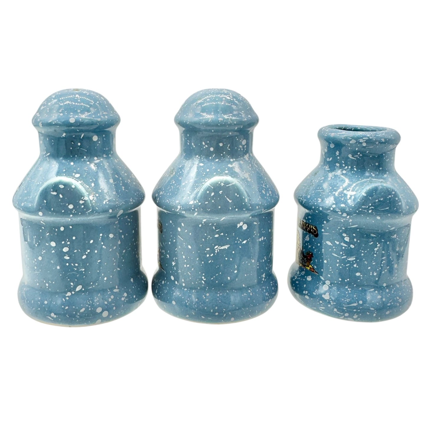Vtg Illinois Blue Speckled Milk Can 3pc Set Salt Pepper Shakers Toothpick Holder