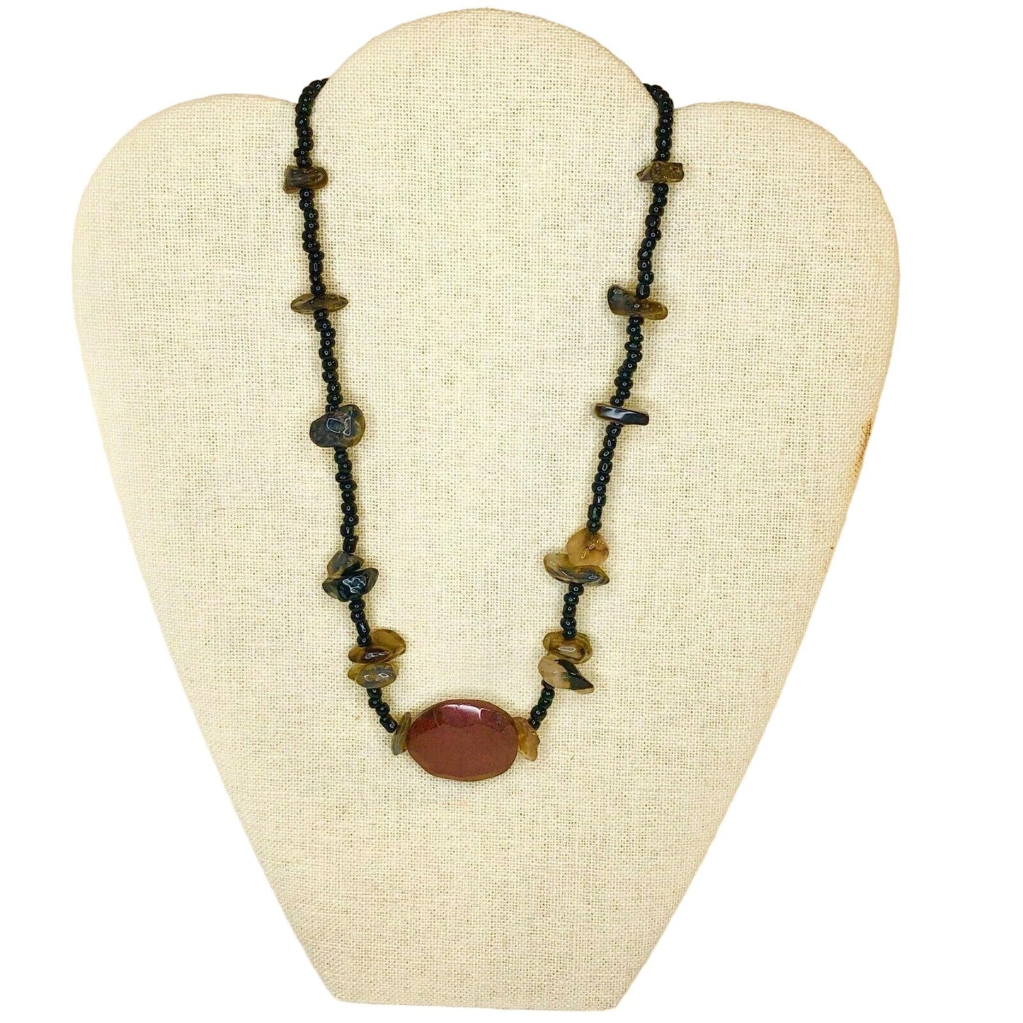Handcrafted Beaded Necklace Brick Red & Gray Glass Stones Black Beads NEW