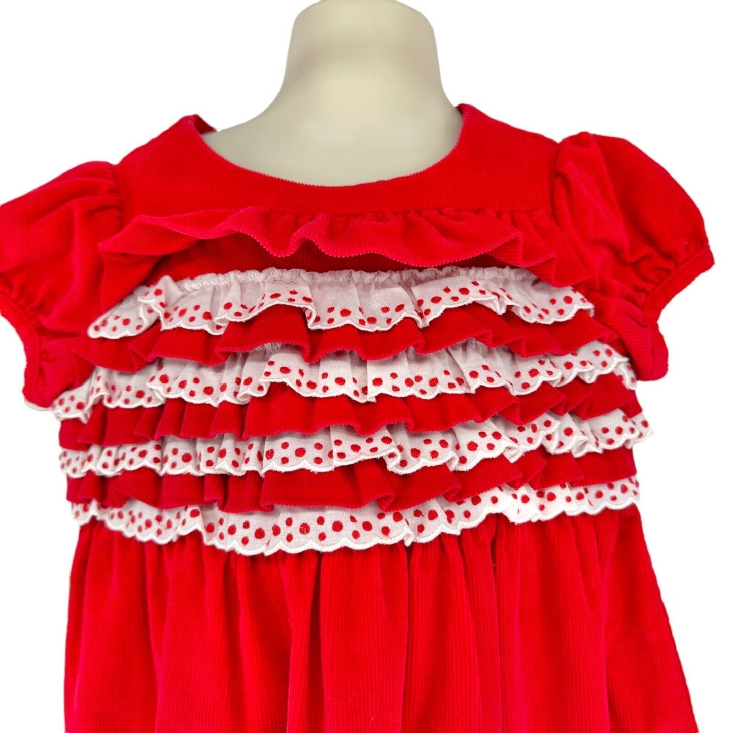 Hanna Andersson Girls 110 US 5 Dress Corduroy Red White Ruffled Cap Sleeves