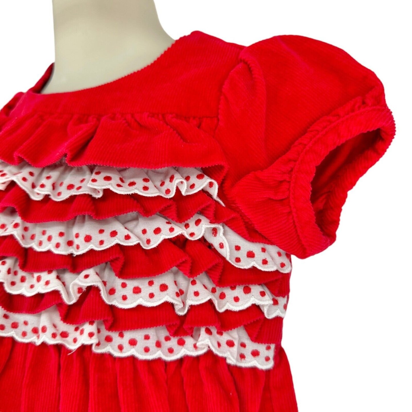 Hanna Andersson Girls 100 US 4 Dress Corduroy Red White Ruffled Cap Sleeves