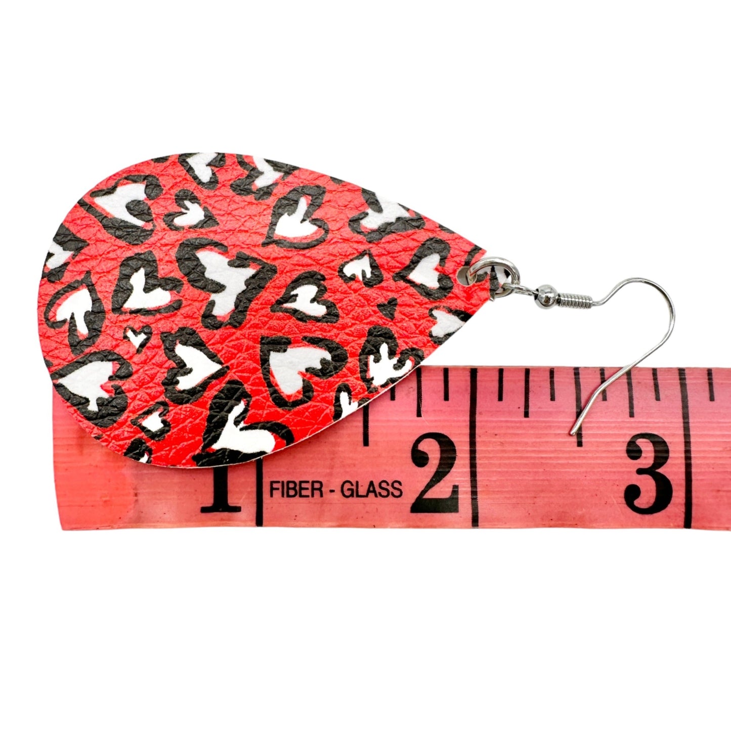 Two Pairs Valentines Earrings Hearts Teardrop Red White Black Faux Leather NEW