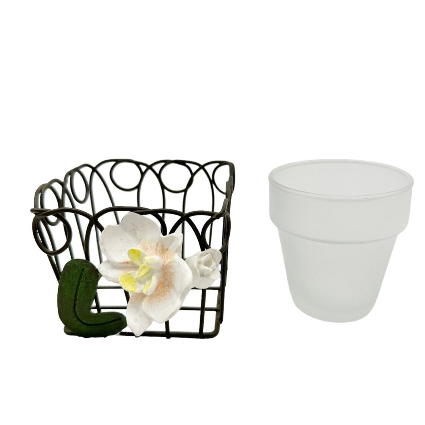 Votive Candle Holder Wire Glass 4.5 x 3 x 3 3D Flowers Attached