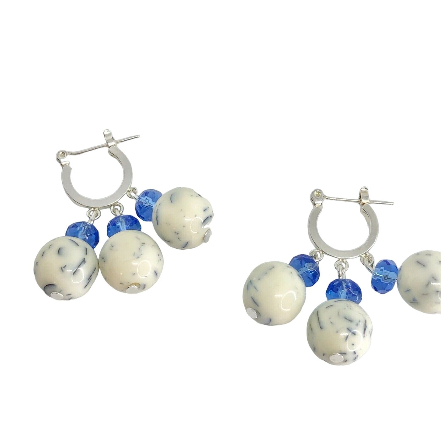 Handcrafted Beaded Earrings White & Blue Glass Beads Silver Hoop Jewelry NEW