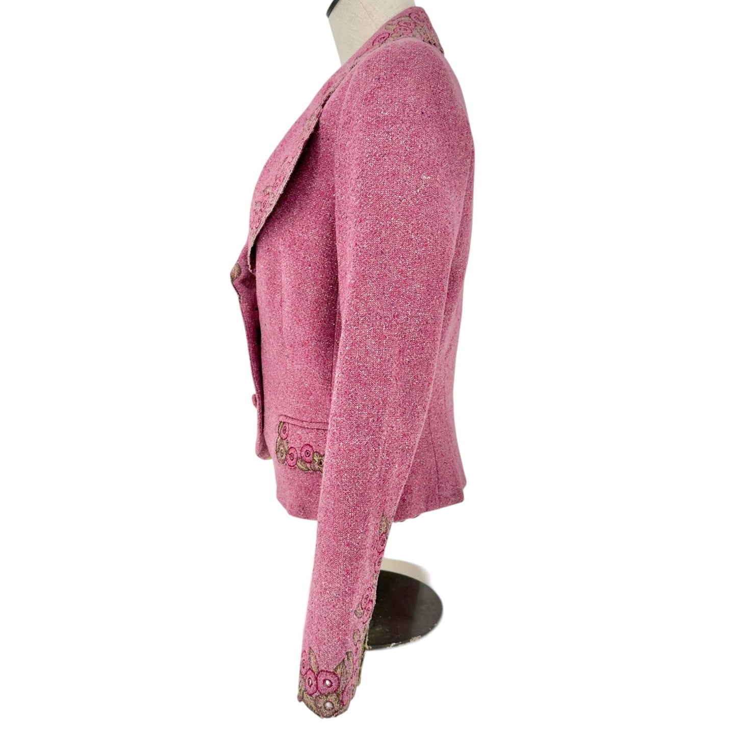Carmen Marc Valvo Blazer Jacket Womens Sz 10 Pink Wool Blend Embroidered Floral