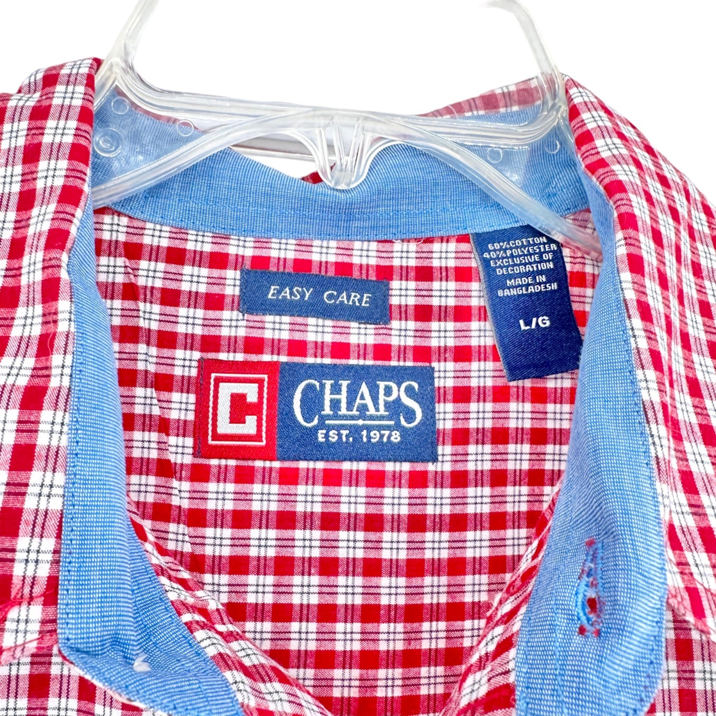 Chaps Easy Care Dress Shirt Mens L Red Plaid Button Down Collar LS