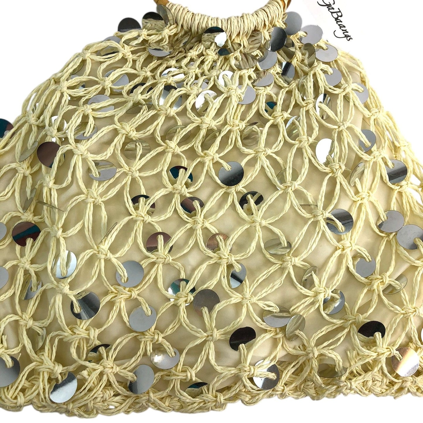 Vintage Style GaBaangs Handbag Beige Woven Macramé Sequin Details Bamboo Handles