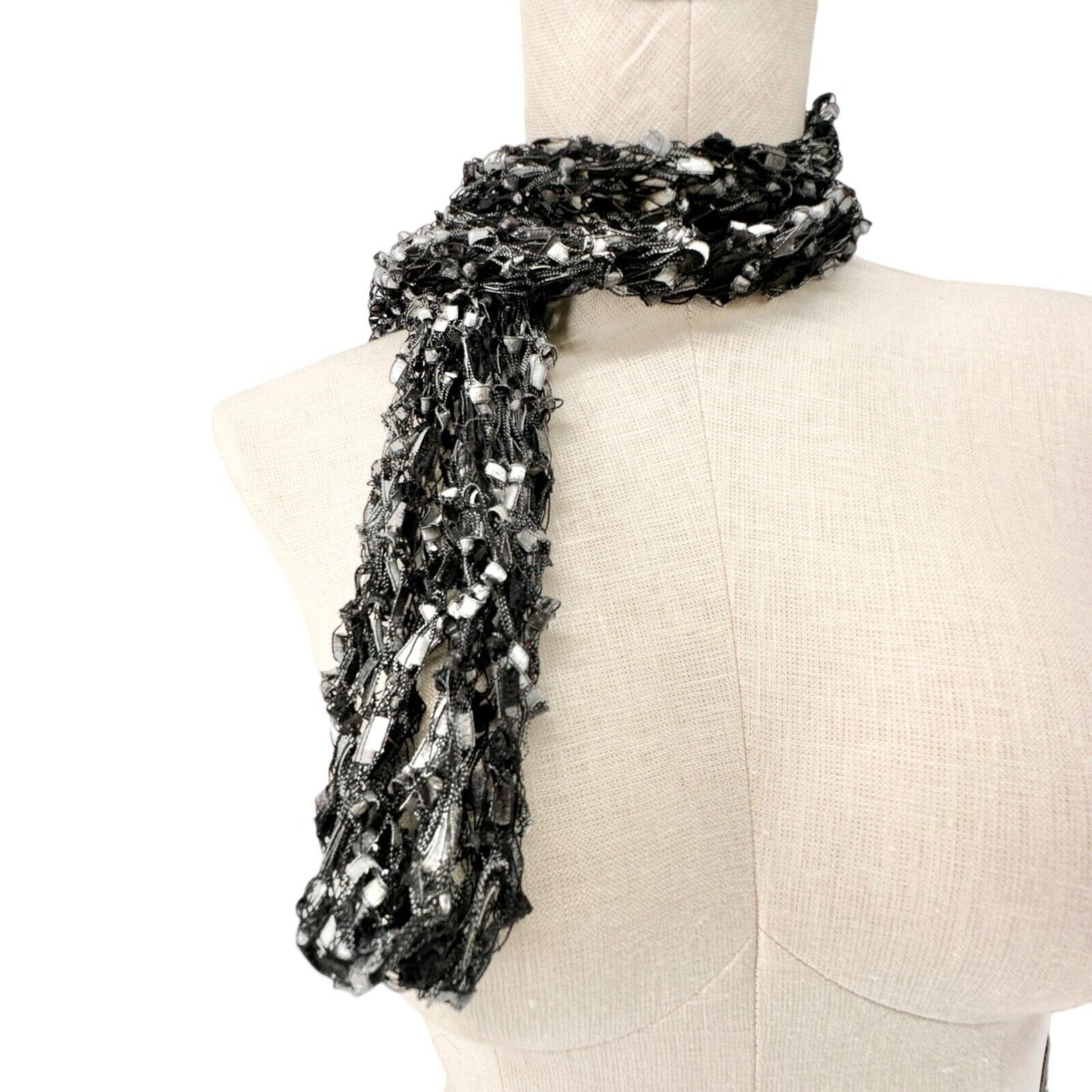 Scarf 67 x 3.5 inch Loosely Knit Black Gray Fringe Ends
