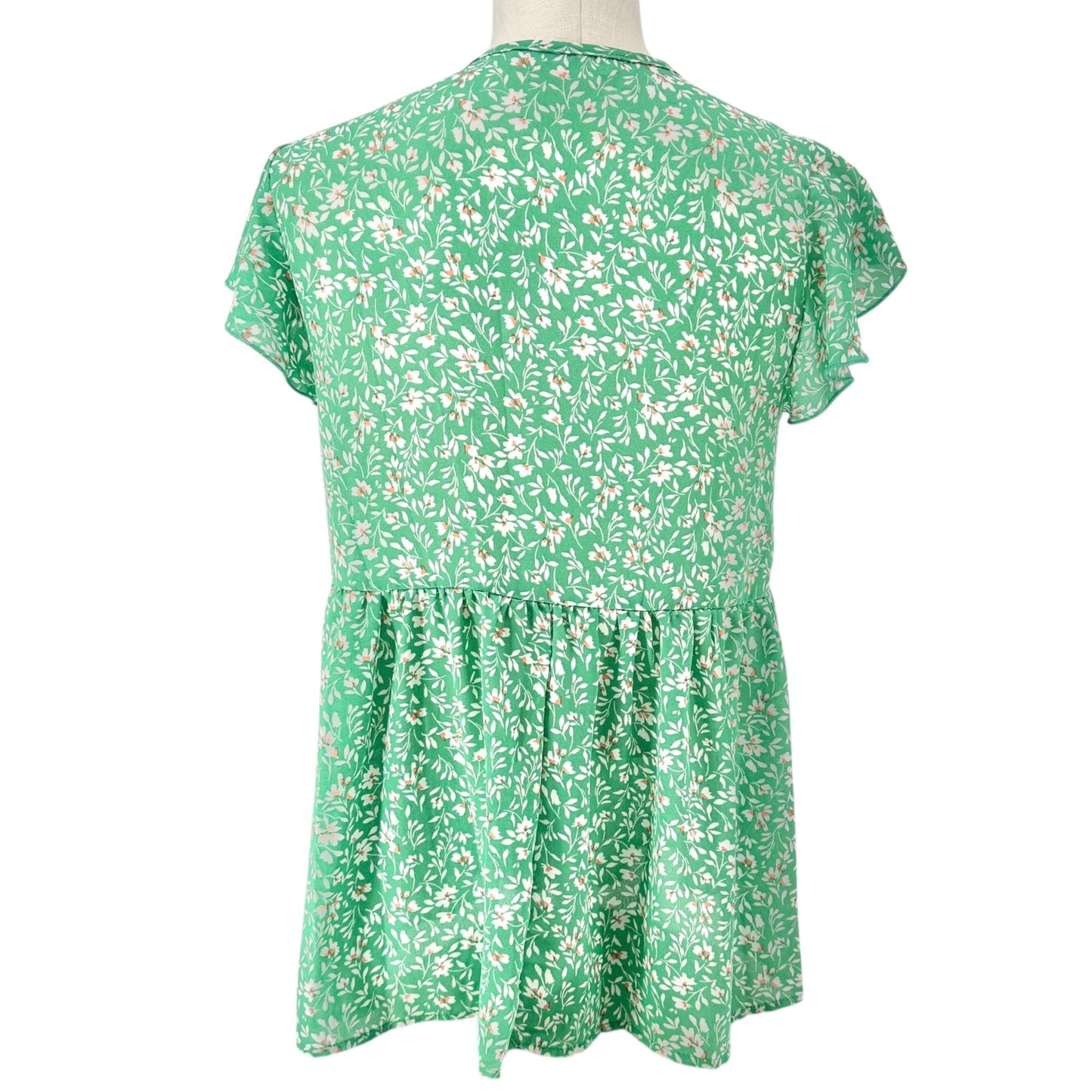 Haptics Blouse Womens S Green Floral Print Flutter Sleeves Buttons Ribbon Tie
