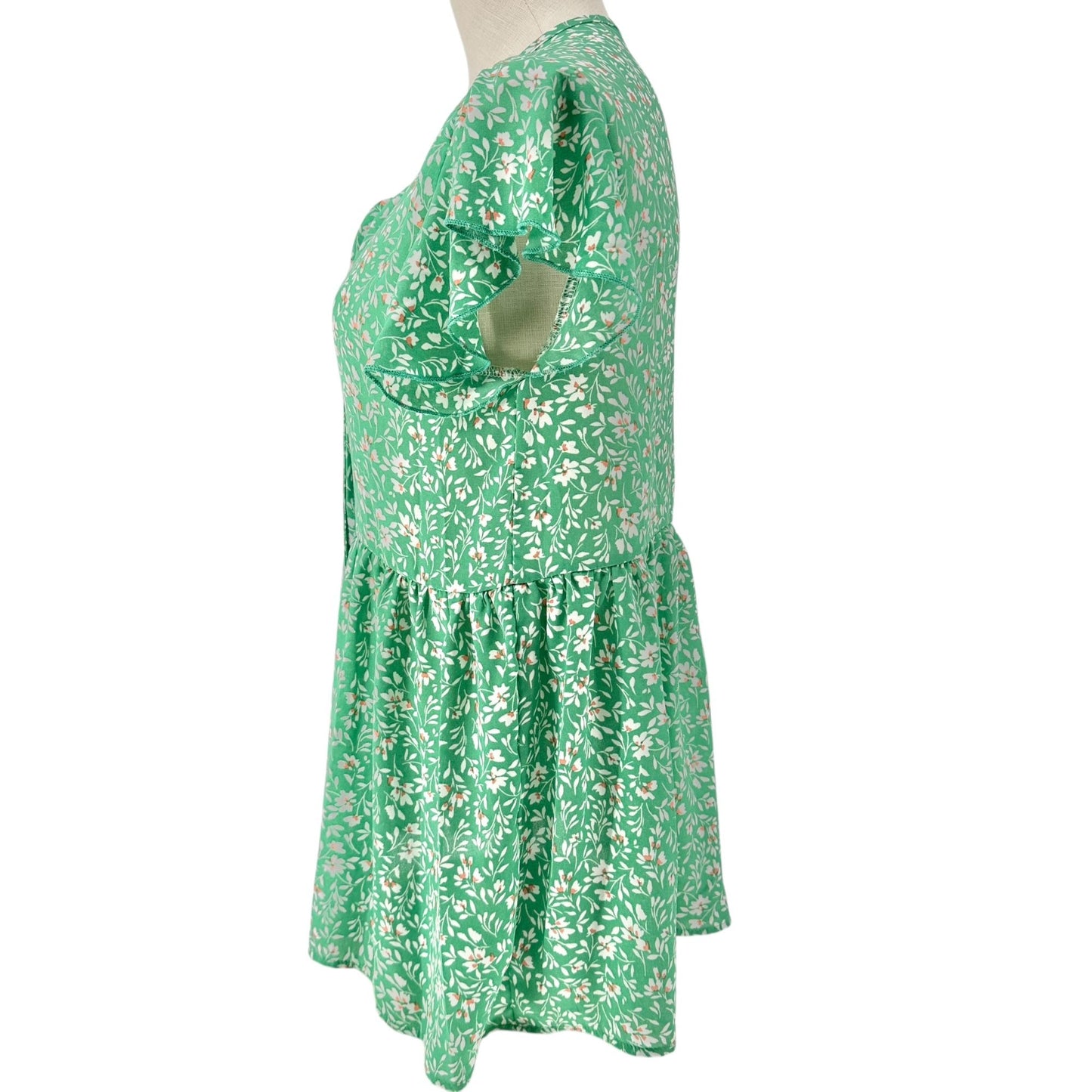 Haptics Blouse Womens S Green Floral Print Flutter Sleeves Buttons Ribbon Tie