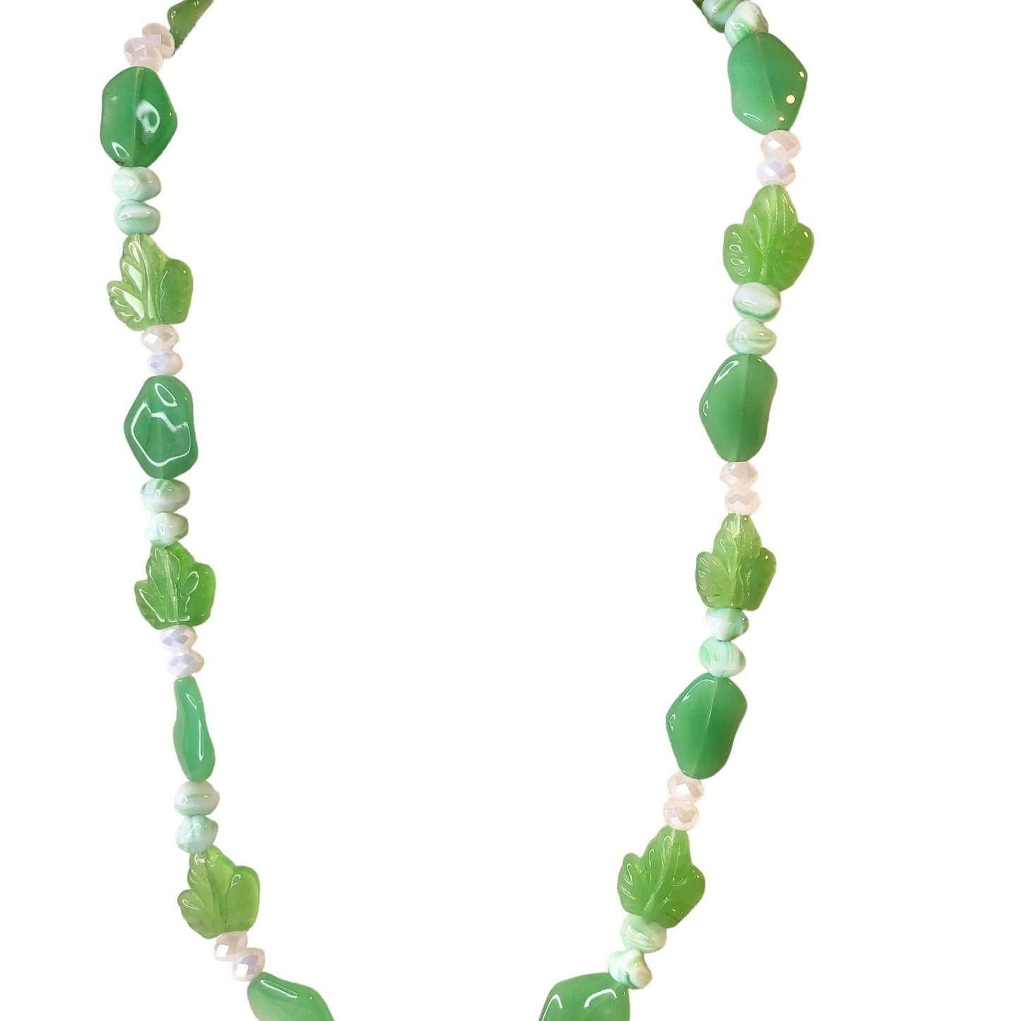 Handcrafted Beaded Necklace Green Beads with Leaves Spring White Jewelry NEW