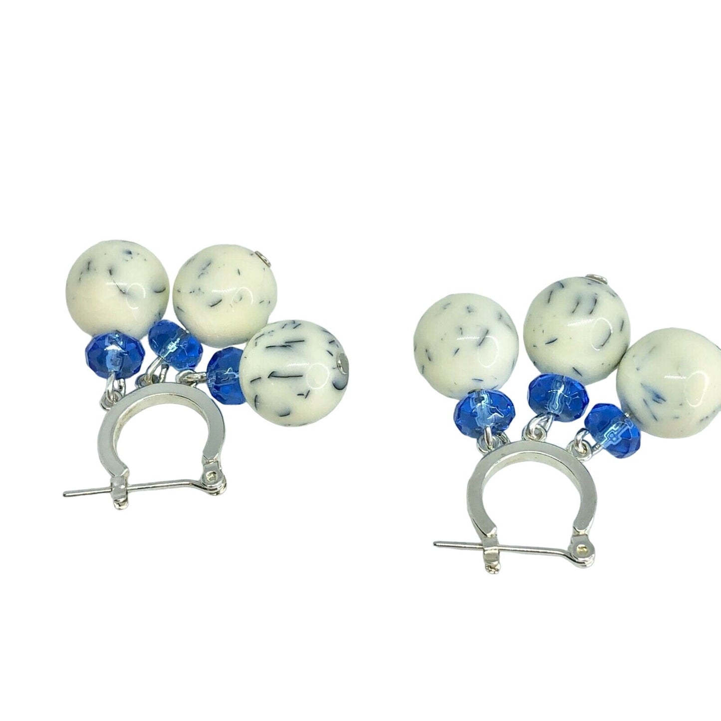 Handcrafted Beaded Earrings White & Blue Glass Beads Silver Hoop Jewelry NEW