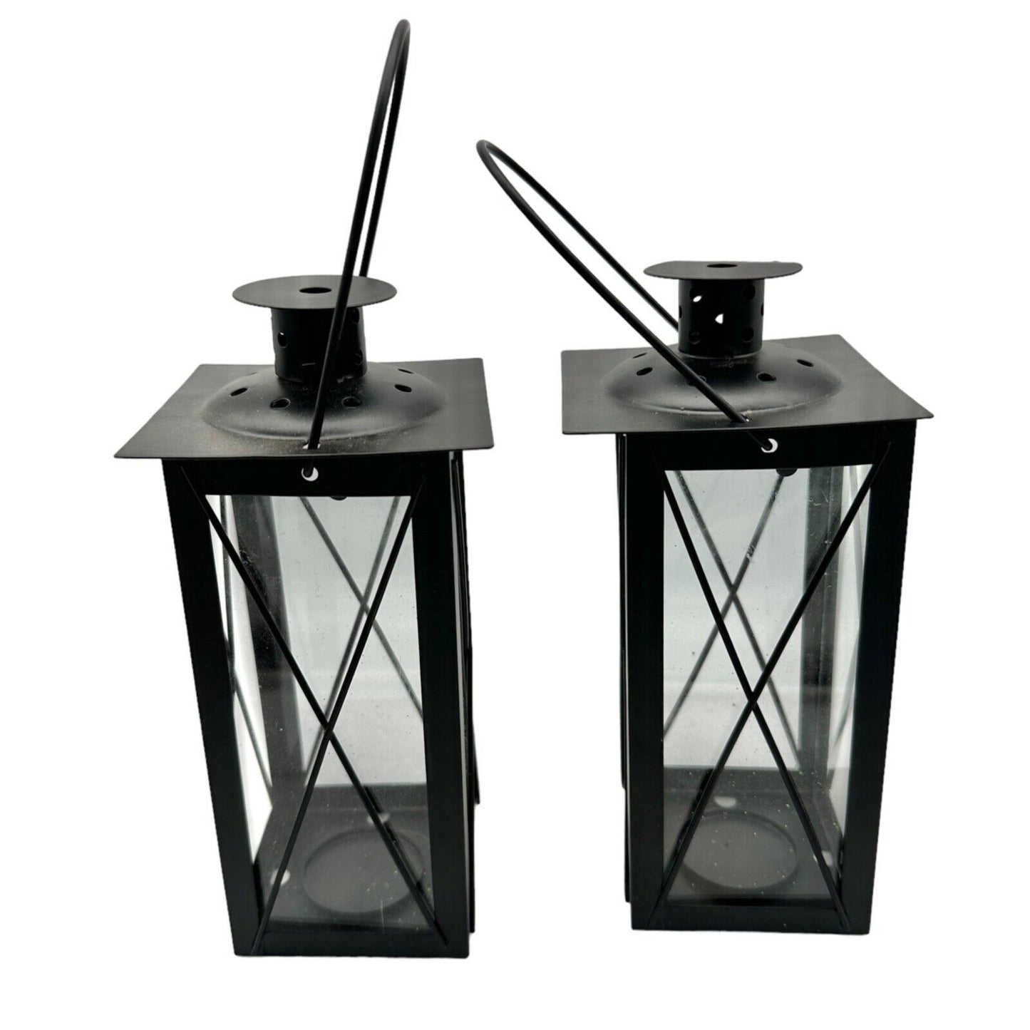 Pair of Candleholders Black Metal Hangs or Sits Holds Tealights or Votives
