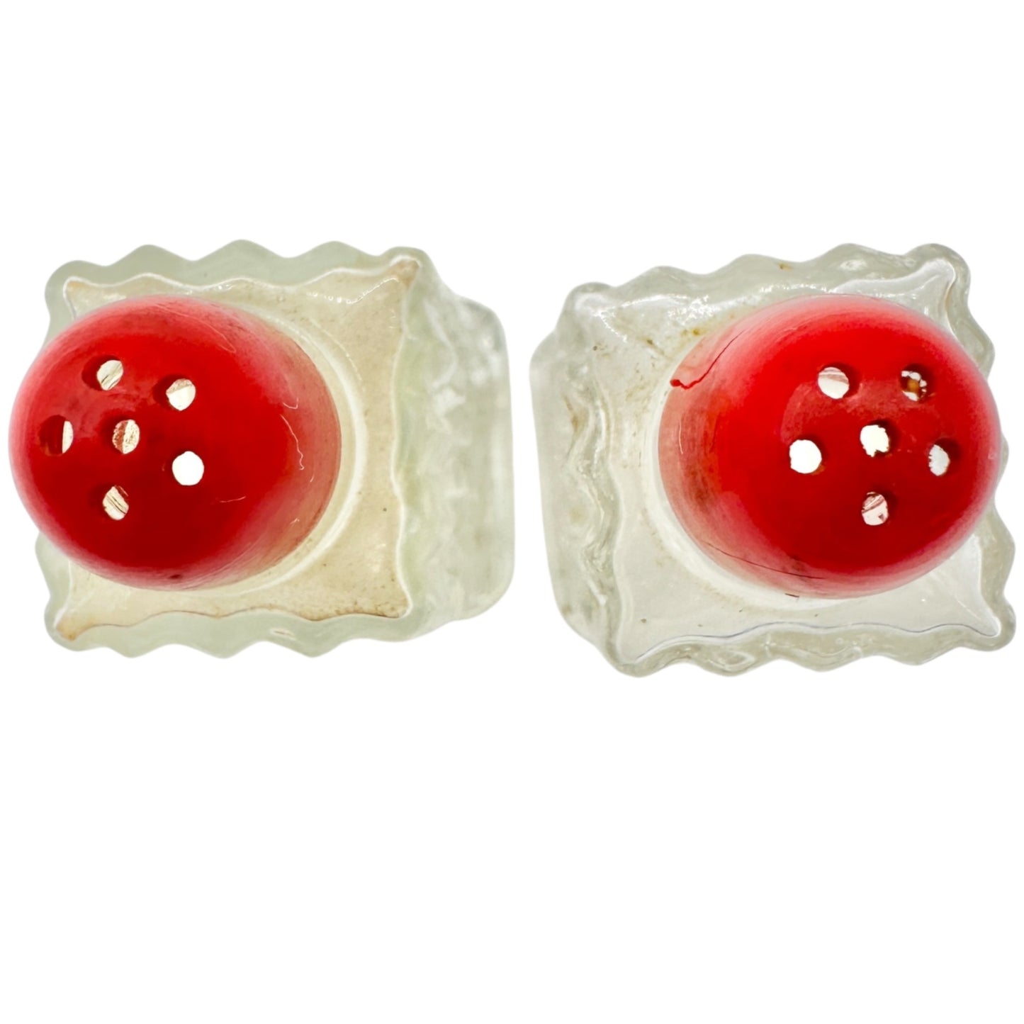Vintage Glass Salt and Pepper Shakers Red Tops Diamond Pattern Retro Kitchen