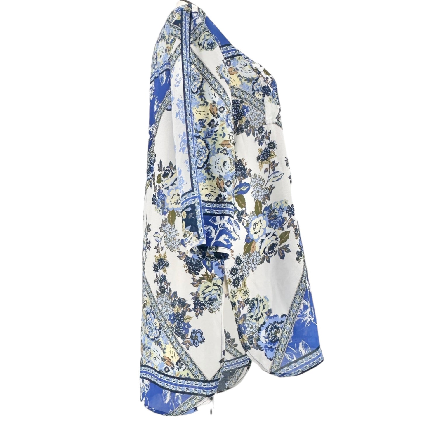 Hope Springs Tunic Top Womens 2XL Blue White Floral 3/4 Sleeve Side Slits EUC