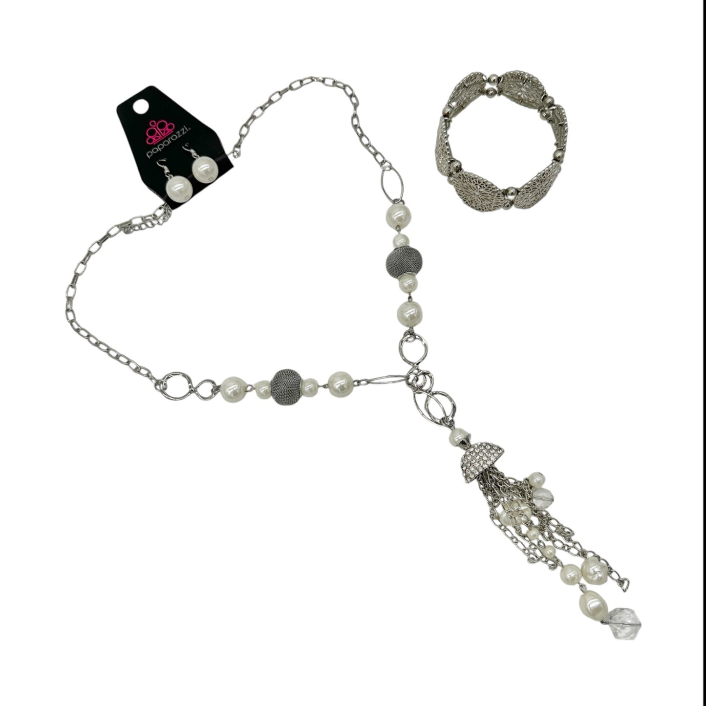Paparazzi Silver & Pearl Jewelry Set With Necklace Earrings & Bracelet