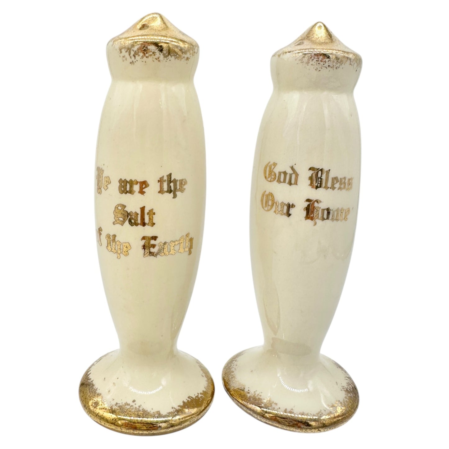 Vintage Ceramic Salt and Pepper Shakers White Gold Accents God Bless Salt Earth