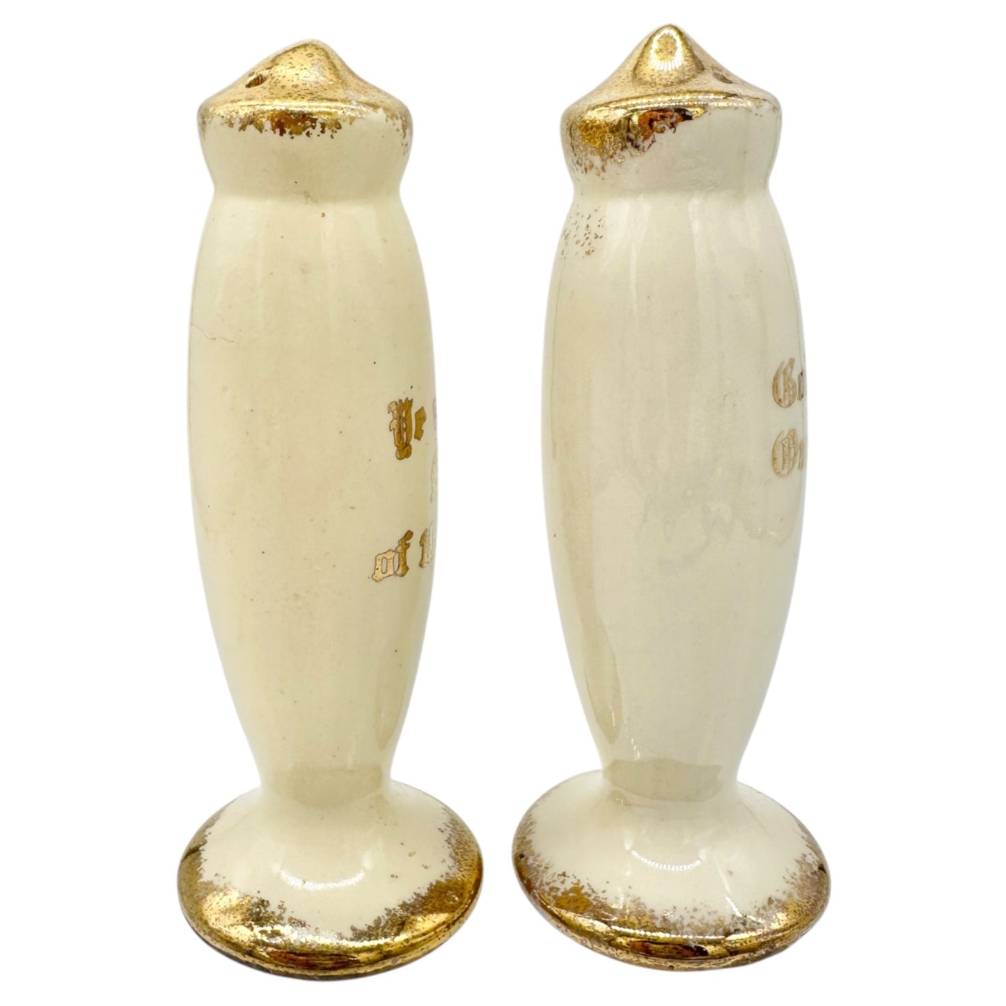 Vintage Ceramic Salt and Pepper Shakers White Gold Accents God Bless Salt Earth