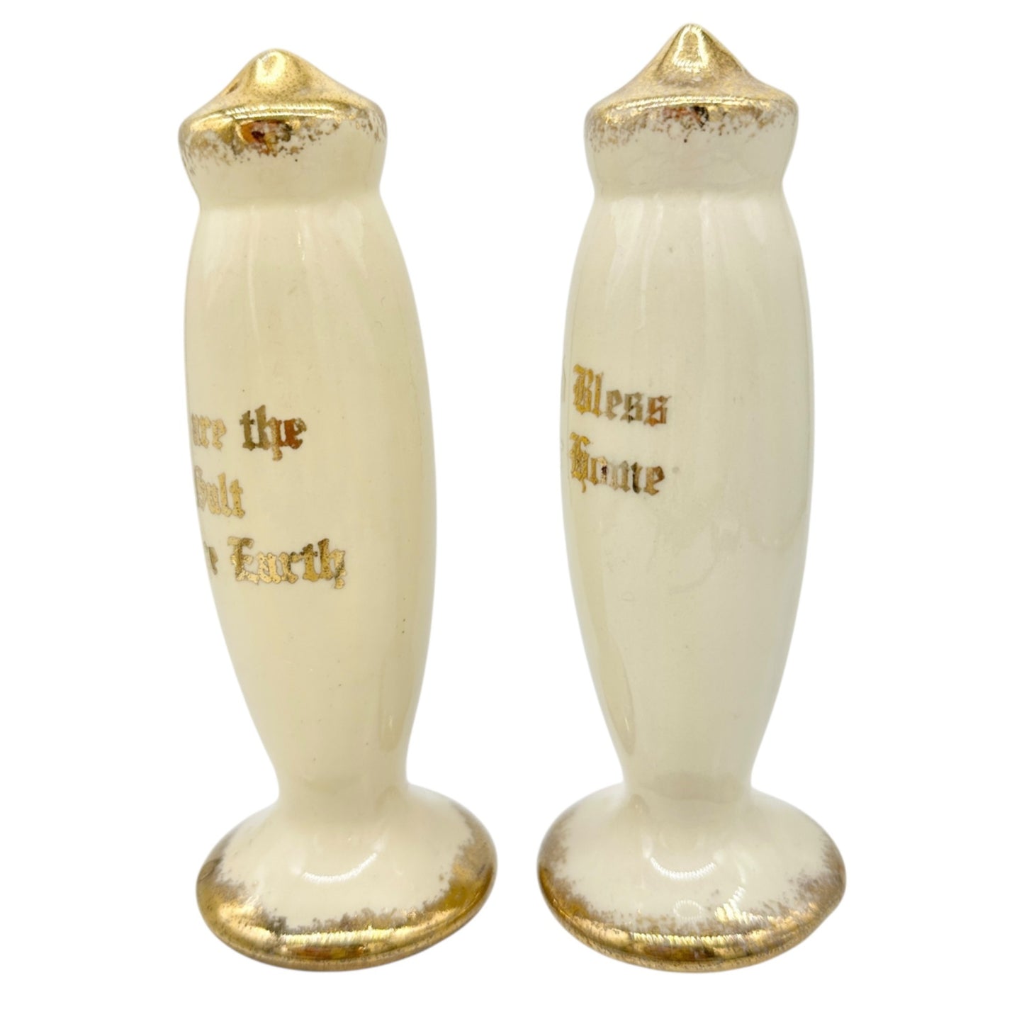 Vintage Ceramic Salt and Pepper Shakers White Gold Accents God Bless Salt Earth