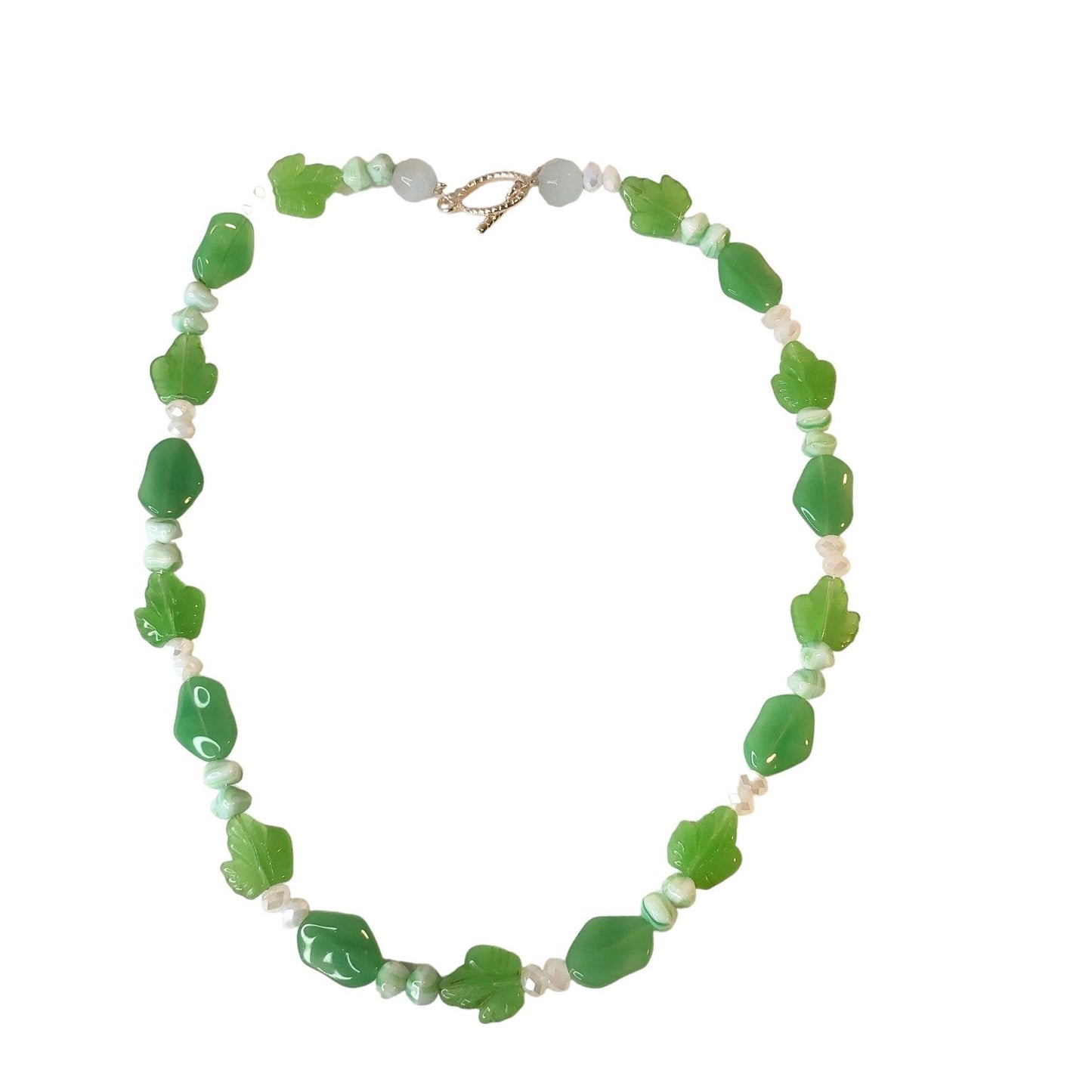 Handcrafted Beaded Necklace Green Beads with Leaves Spring White Jewelry NEW