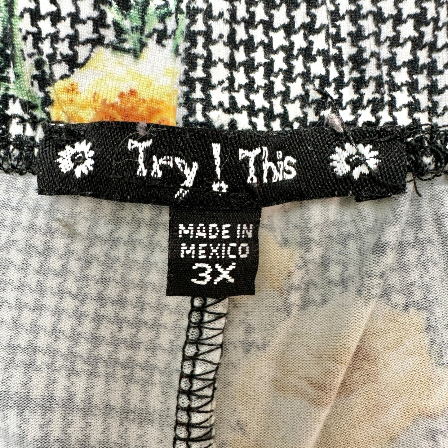 Try This Pants Womens 3X Black White with Yellow Red Flowers Elastic Waist Front