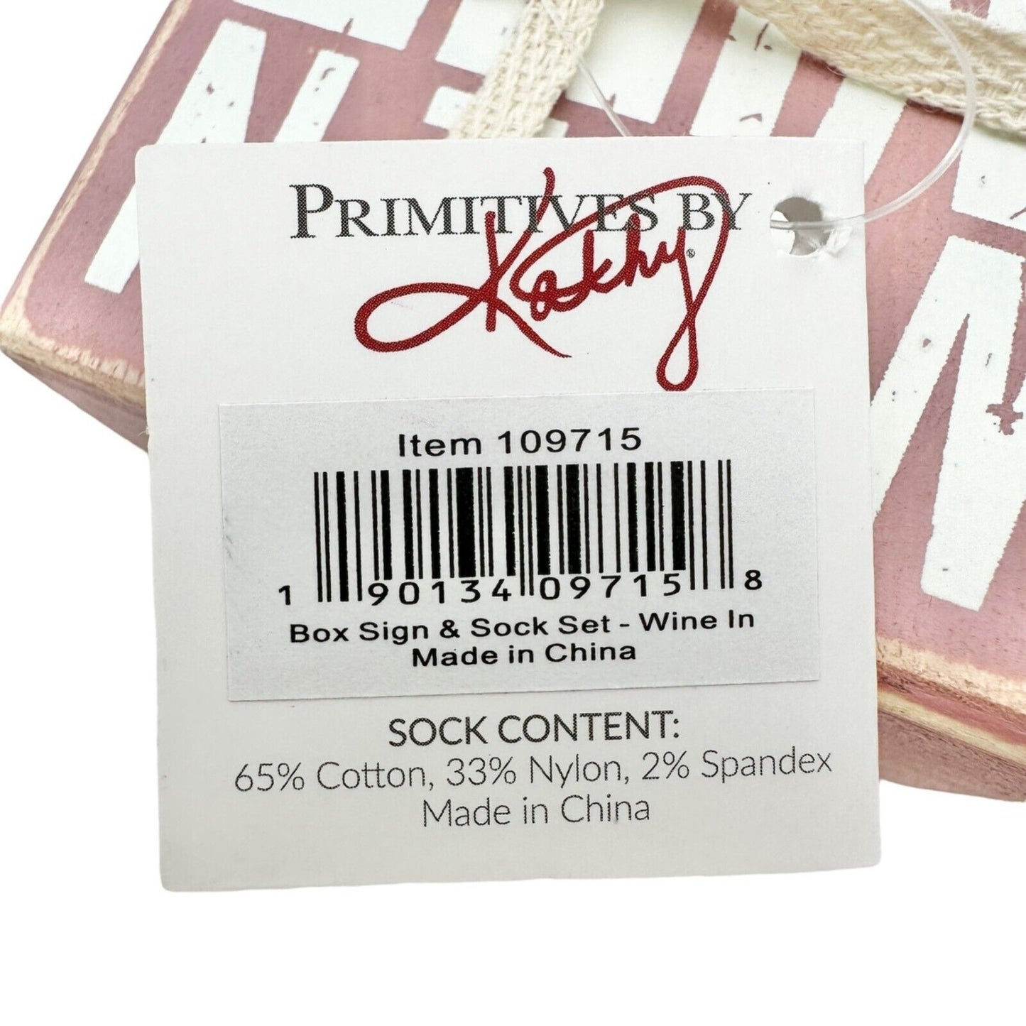 Primitives by Kathy Box Sign & Sock Set Sign 4.5x3 inch Pink Wine Goes Socks NWT