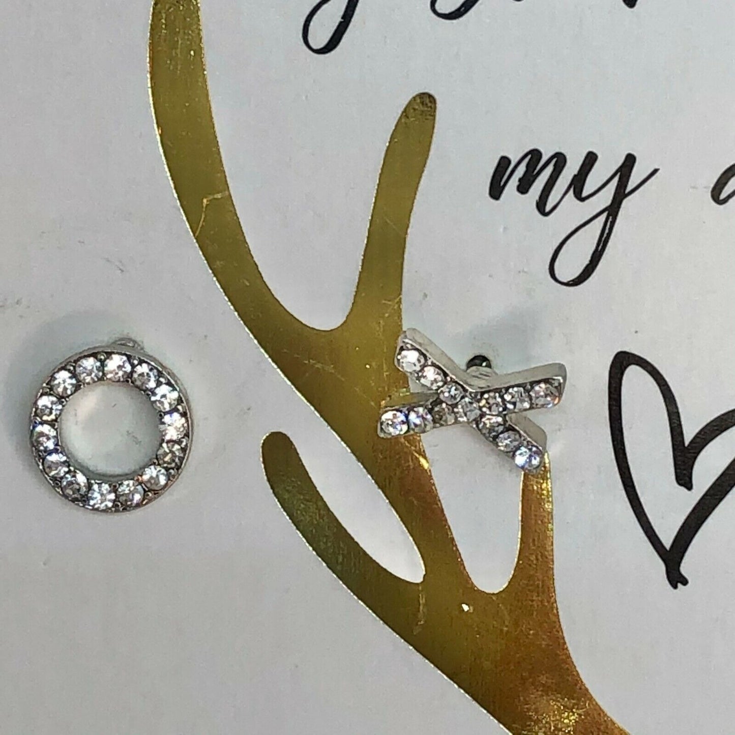 Two Sets Earrings Rhinestone X&O and Solid Squares Silvertone NEW