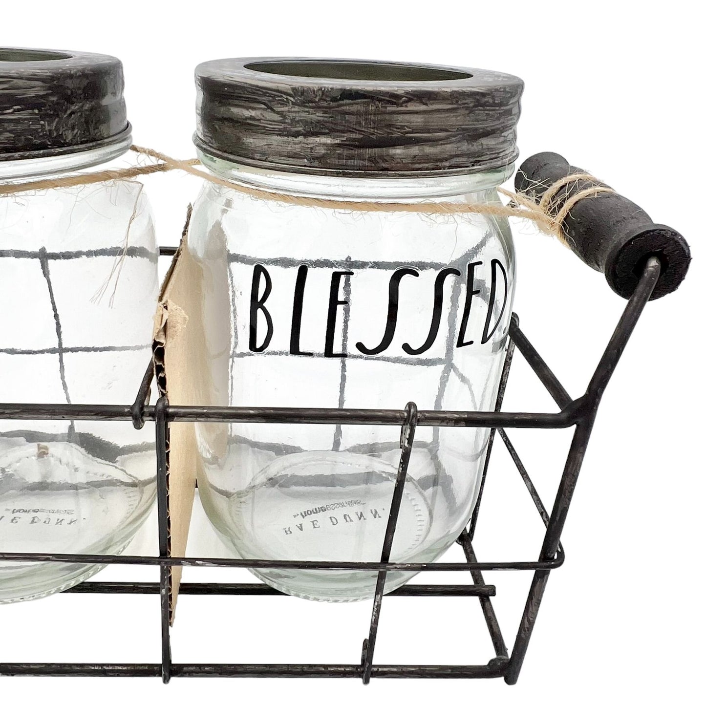Rae Dunn Home Essentials 3 Glass Jars in Wire Basket Set CHERISH LOVE BLESSED