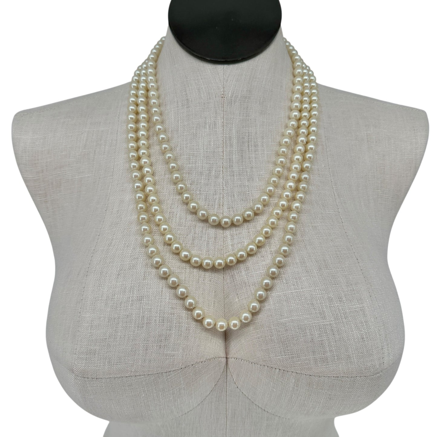 Vintage Triple-Strand Faux Pearl Necklace With Gold-Tone Rhinestone Clasp