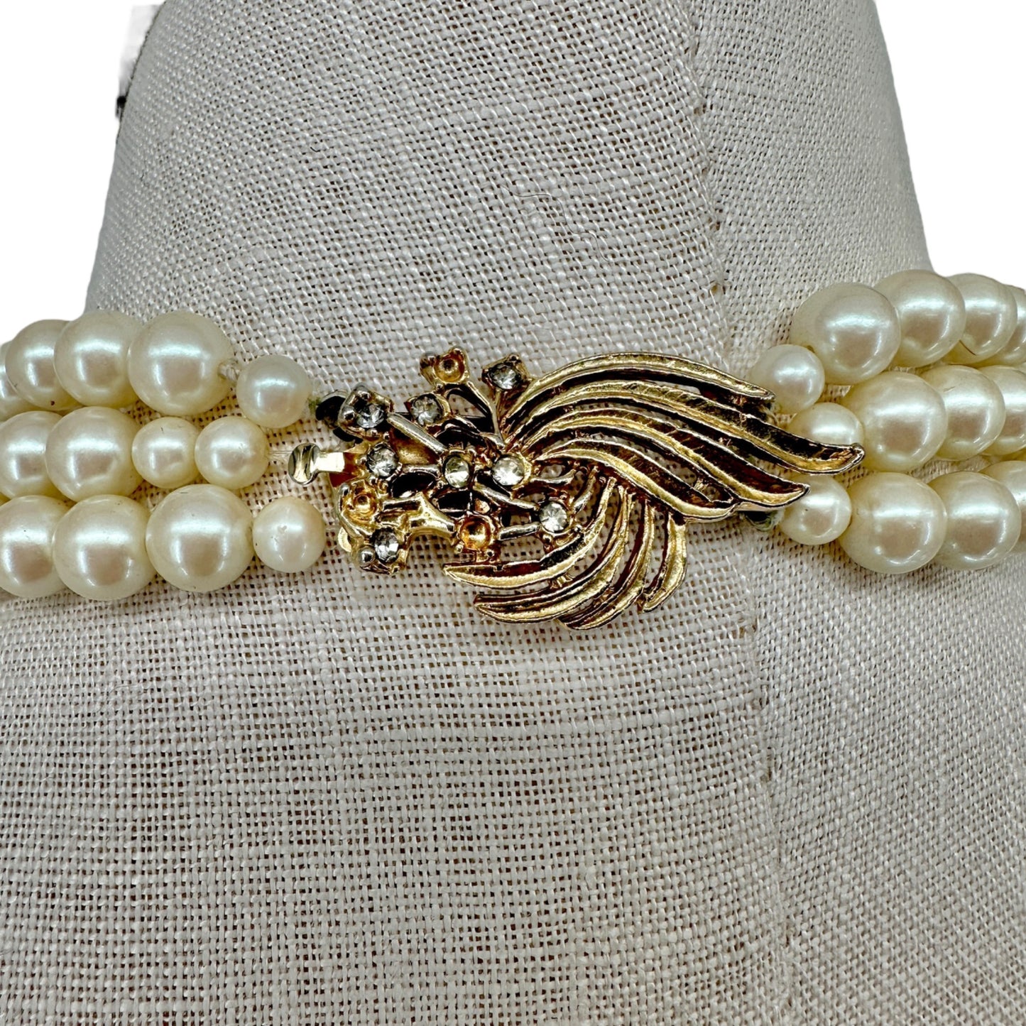 Vintage Triple-Strand Faux Pearl Necklace With Gold-Tone Rhinestone Clasp