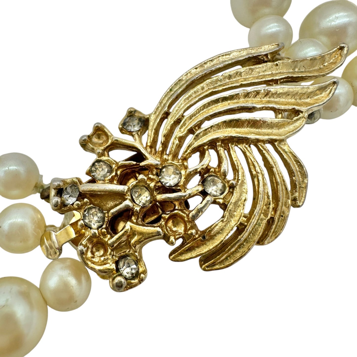 Vintage Triple-Strand Faux Pearl Necklace With Gold-Tone Rhinestone Clasp