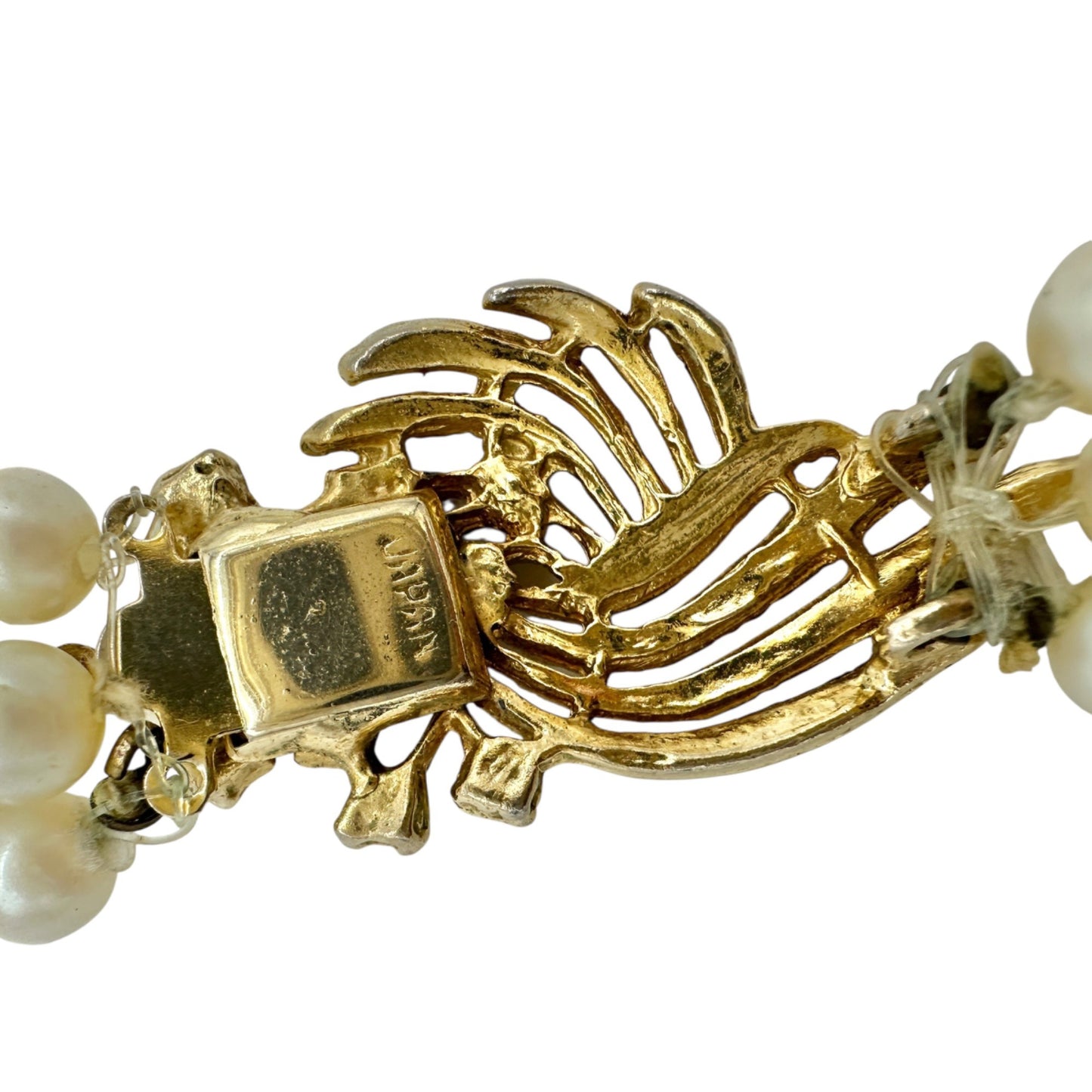 Vintage Triple-Strand Faux Pearl Necklace With Gold-Tone Rhinestone Clasp