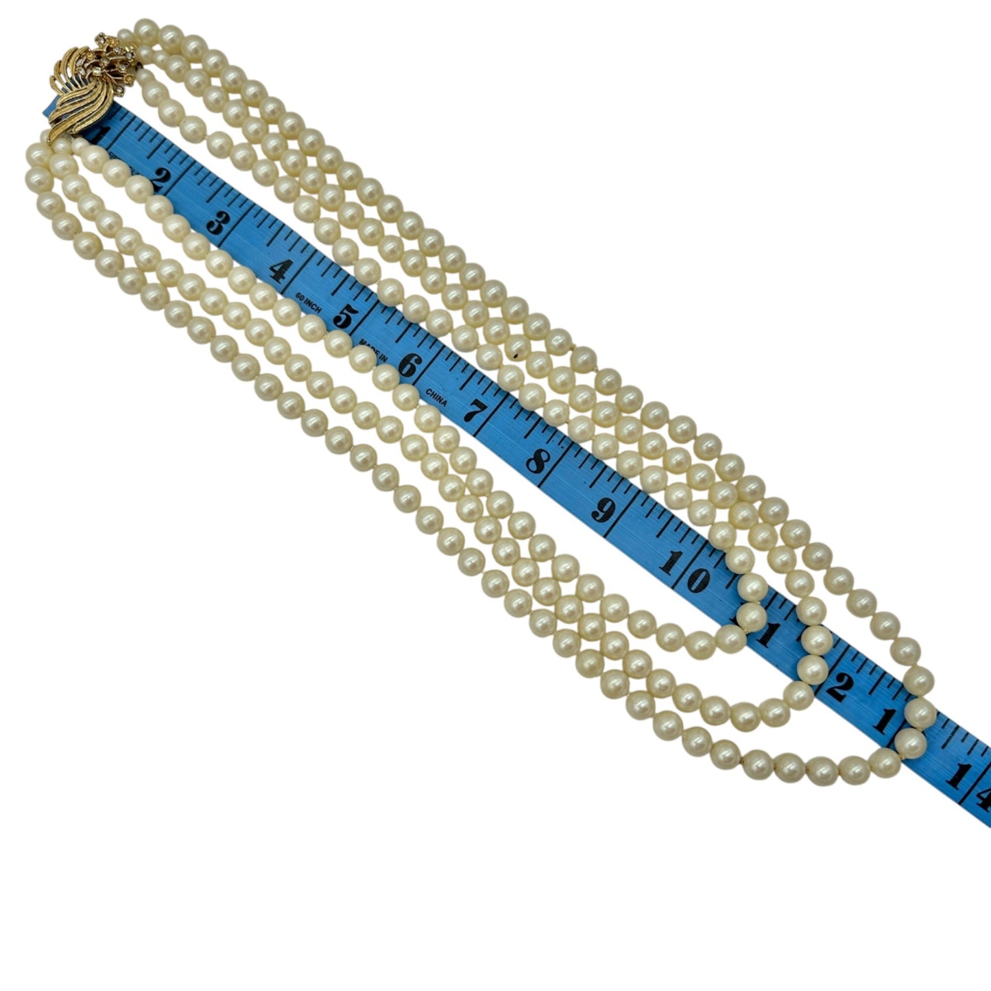 Vintage Triple-Strand Faux Pearl Necklace With Gold-Tone Rhinestone Clasp