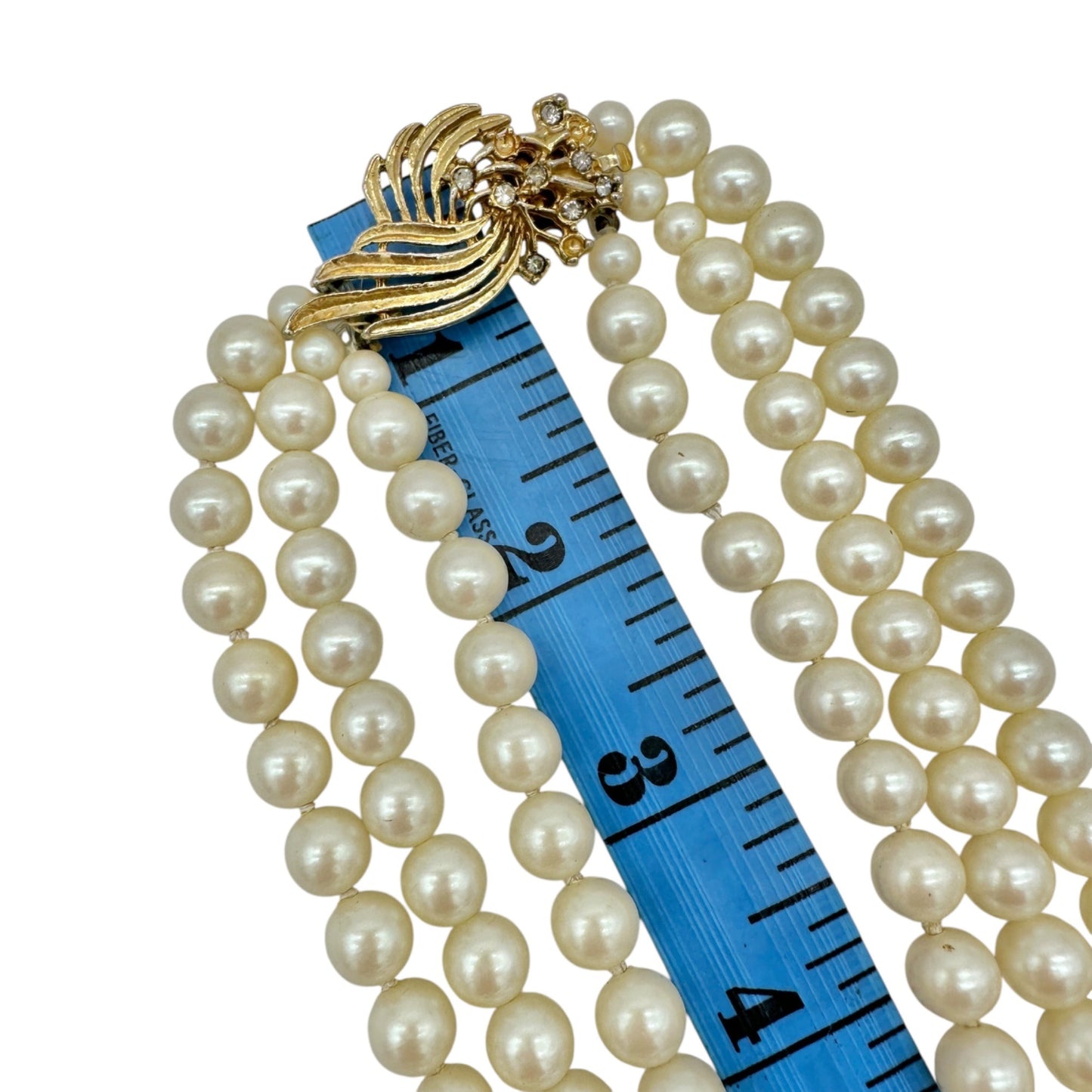 Vintage Triple-Strand Faux Pearl Necklace With Gold-Tone Rhinestone Clasp