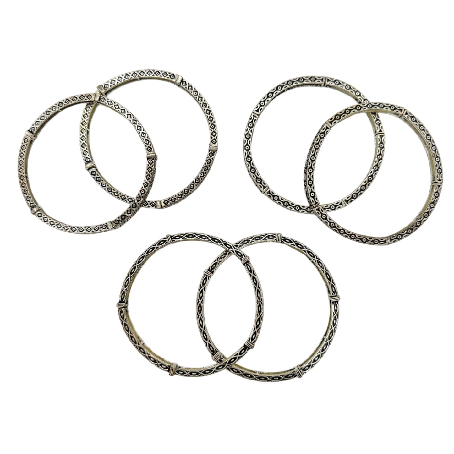 Set of 6 Bracelets Stretch Bangles Silver Celtic Look 2 ea of 3 Patterns NWOT