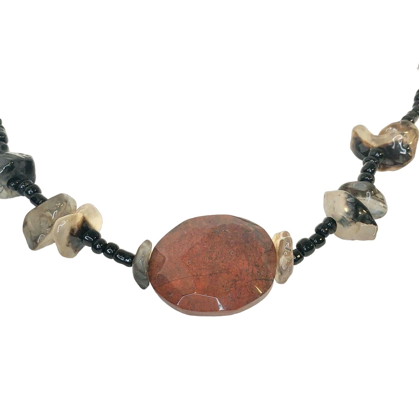 Handcrafted Beaded Necklace Brick Red & Gray Glass Stones Black Beads NEW