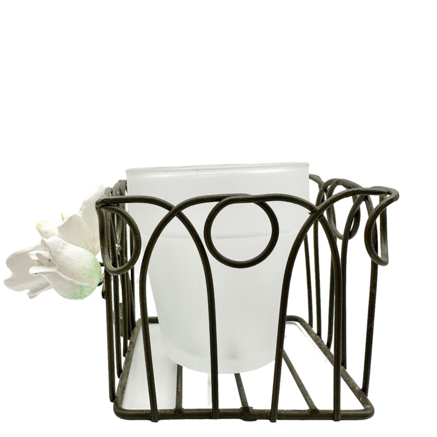 Votive Candle Holder Wire Glass 4.5 x 3 x 3 3D Flowers Attached