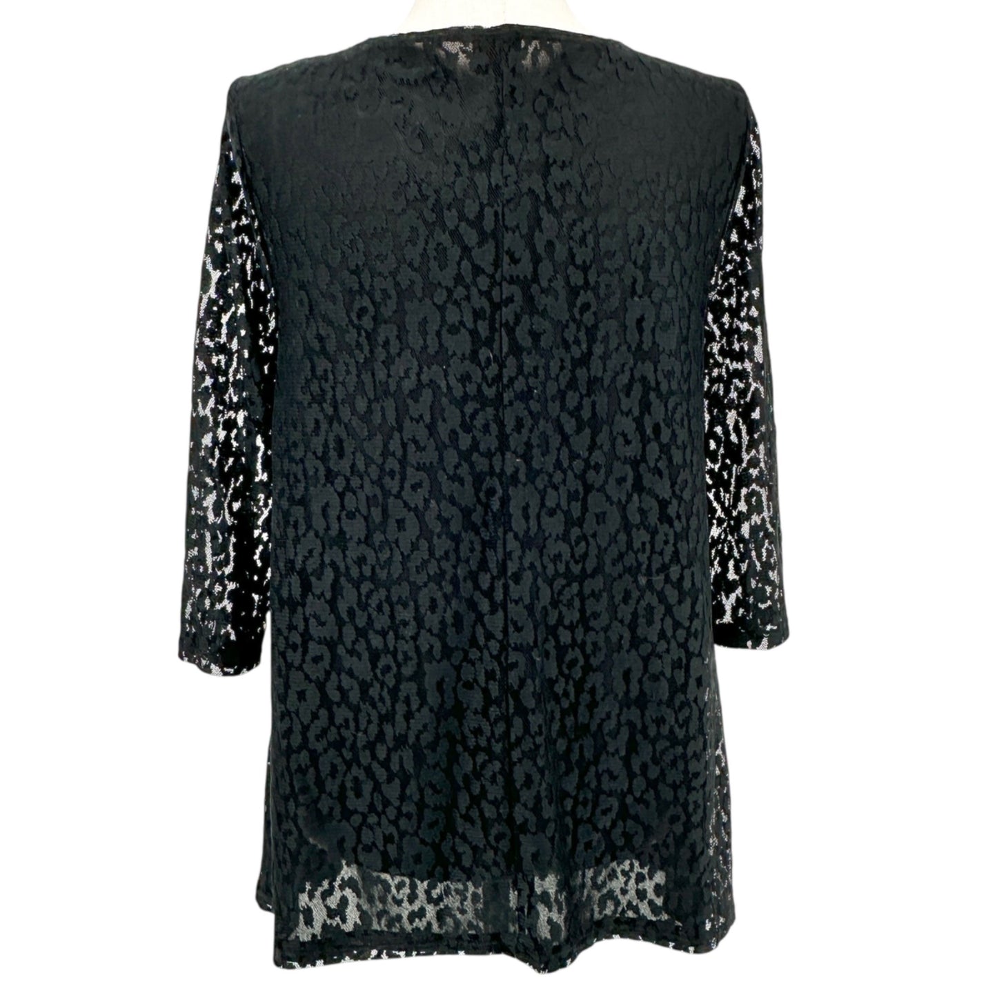 Chicos Burnout Tunic Top Size 2 L 12 Black Lace Sheer 3/4 Sleeves Nylon Poly